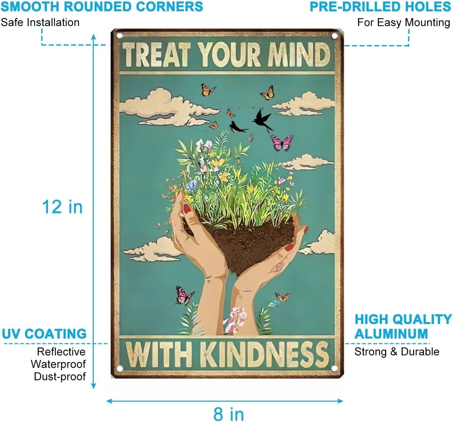 Carastora Vintage Tin Wall Sign – Treat Your Mind With Kindness Quote, Retro Metal Plaque for Bedroom, Office, Meditation Room or Café Decor, 8x12 Inch