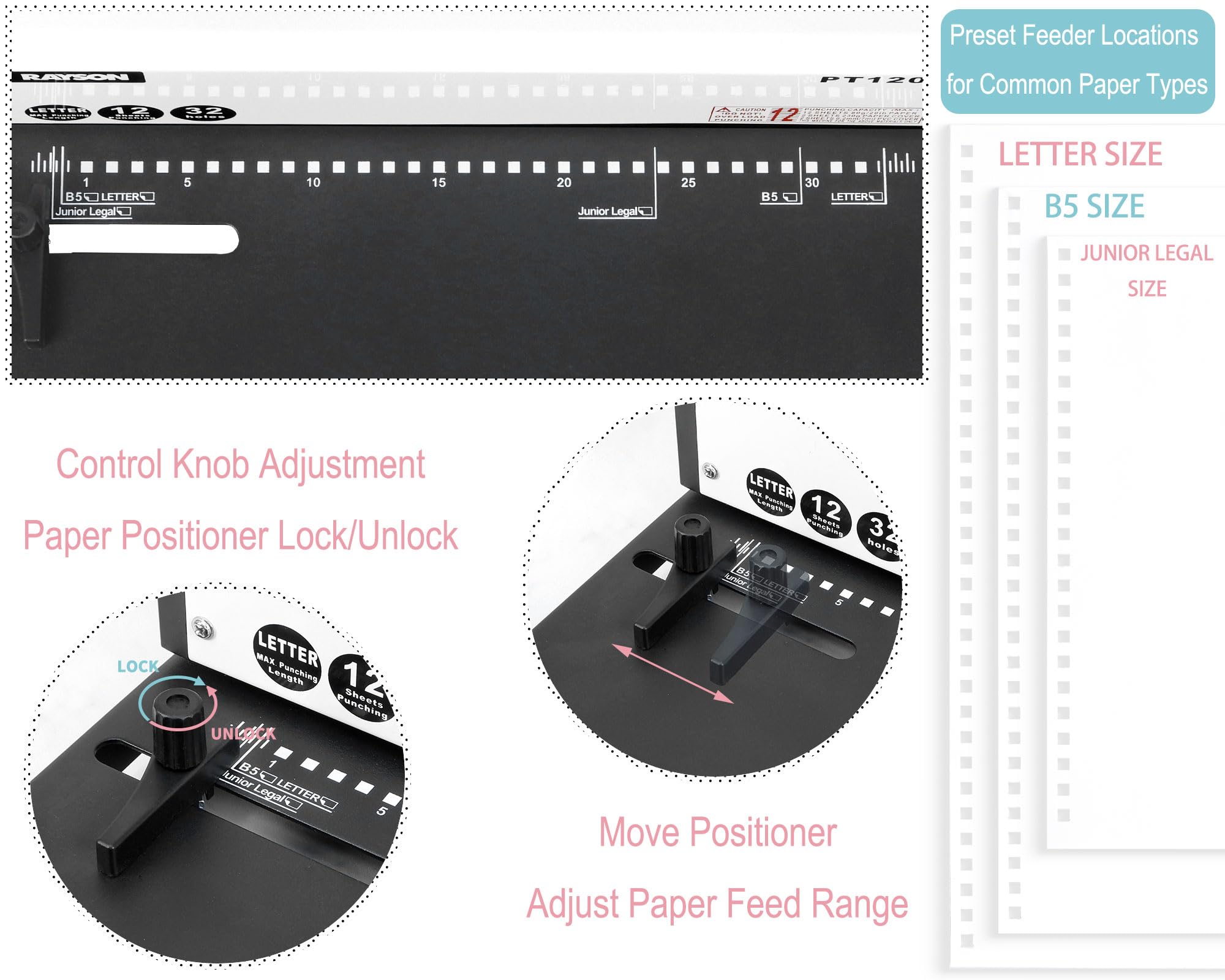 Rayson PT1202 Binding Machine, 3:1 Pitch, 32-Holes, Punch 12 Sheets with Sturdy Metal Construction