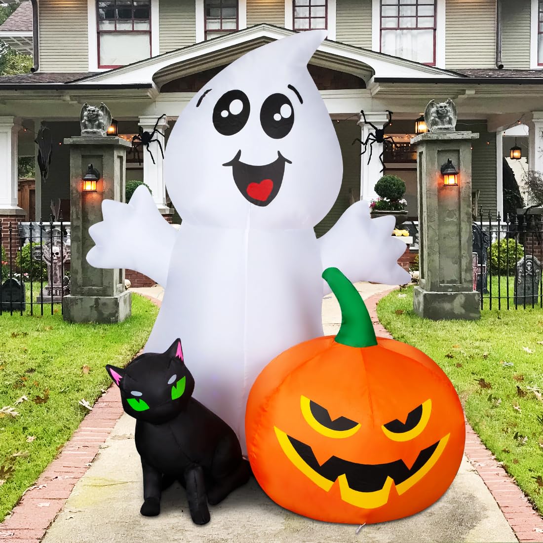 COMIN Halloween Inflatable 5FT Ghost with Black Cat and Pumpkin, Built-in LEDs Blow Up Yard Decoration for Party Outdoor Yard Garden Lawn