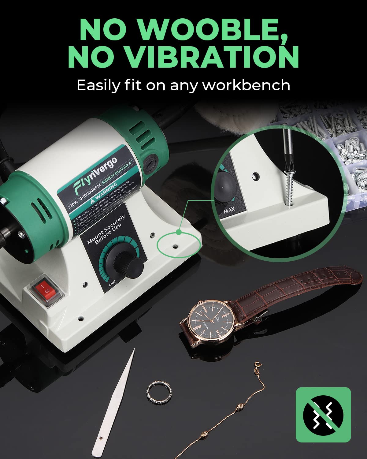 Flyrivergo Bench Buffer Polisher, Jewelry Polisher, Adjustable Variable Speed Bench Buffer, with 2 Cotton Wheels, 2 Fiber Wheels, 1 Drill Chuck and 1 Set of Polishing Buffing Wheel for Silver, Metal