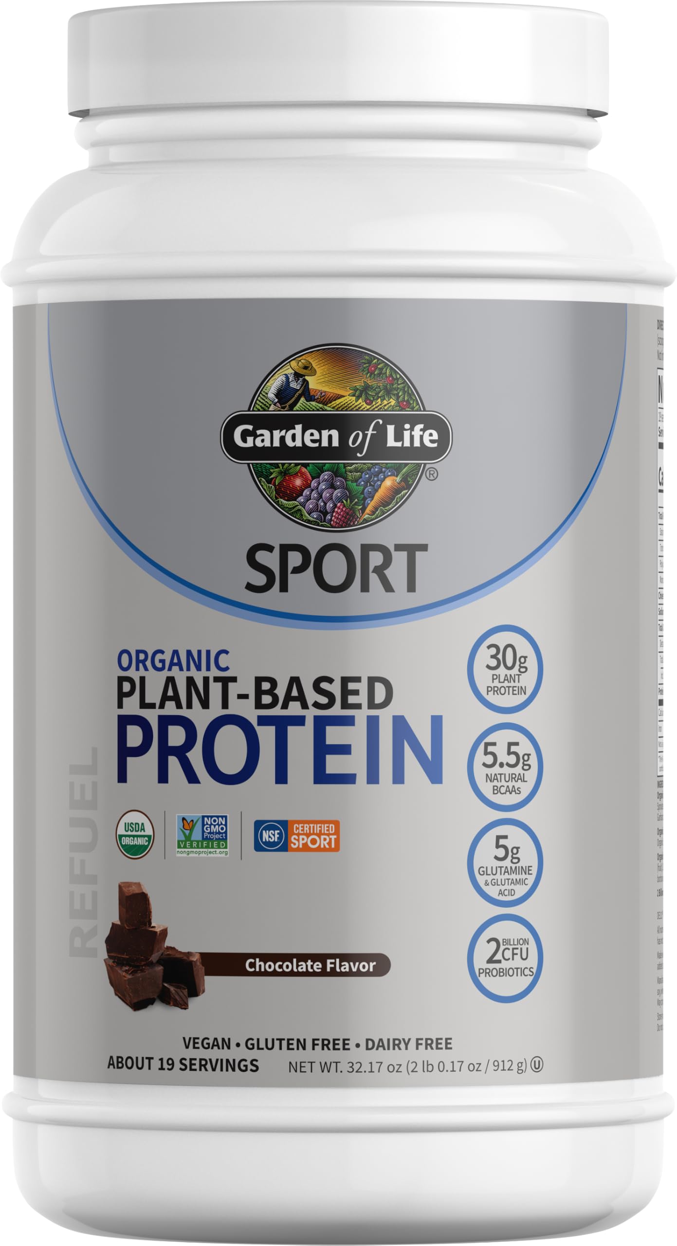 Garden of Life Organic Vegan Sport Protein Powder, Chocolate - Probiotics, BCAAs, 30g Plant Protein for Premium Post Workout Recovery, NSF Certified, Keto, Gluten & Dairy Free, Non GMO, 19 Servings