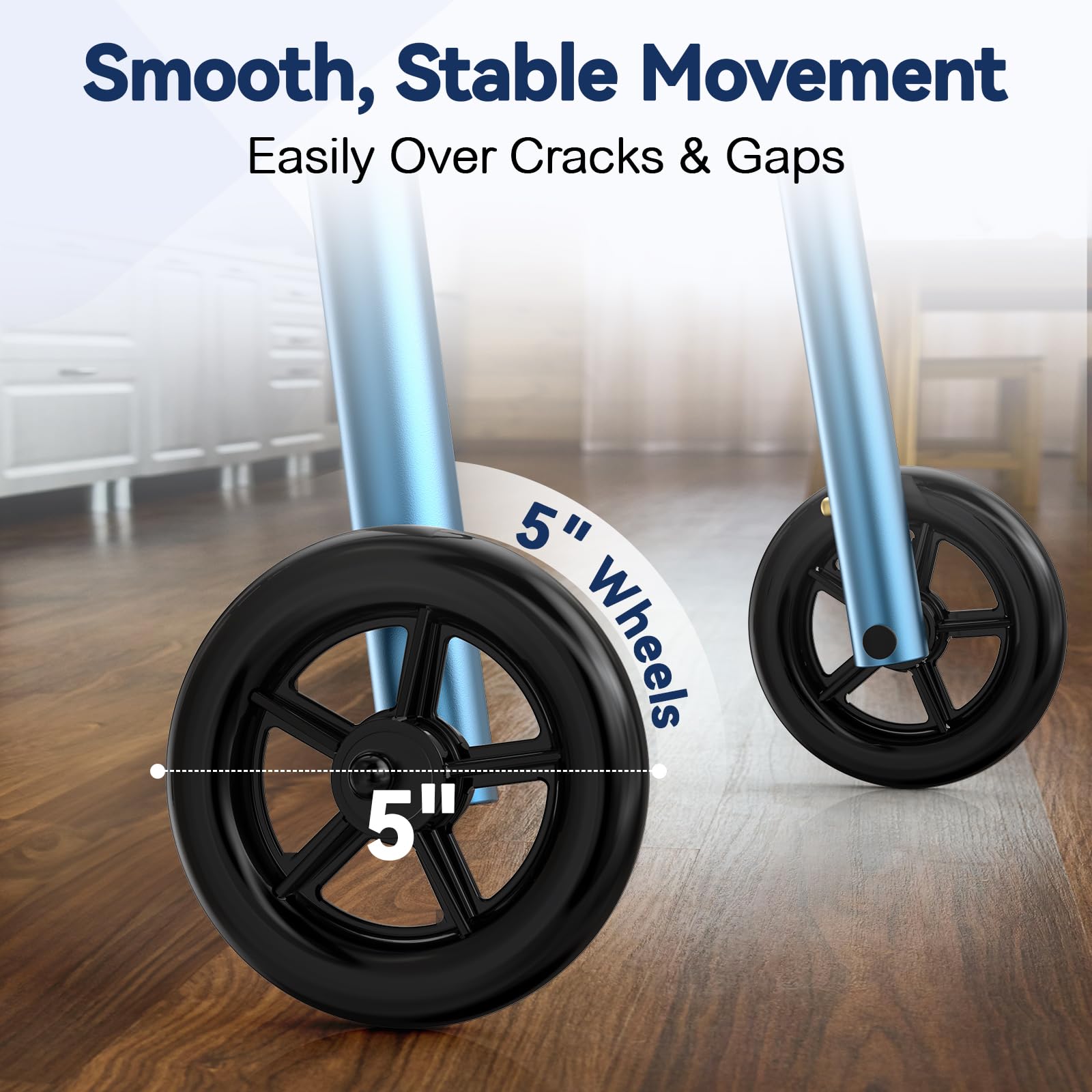 HolyHeal Walkers for Seniors, Folding Walker with Wheels and 2 Skis, Lightweight Rolling Walker Supports Up to 350 Pounds, Adjustable Height, Adult Compact Standard Walkers with Aluminum Frame, Blue