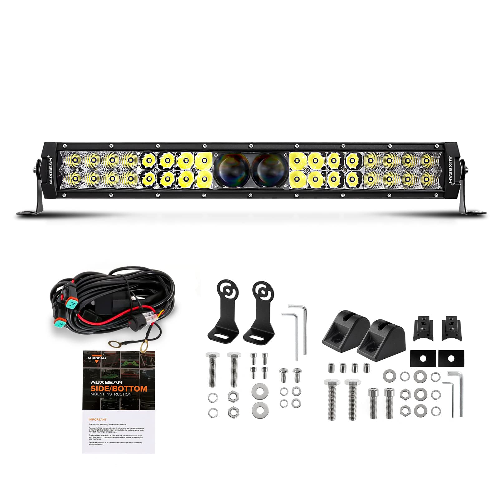 Auxbeam 22 Inch Led Light Bar 180W 22000LM 5D Pro Lens Off Road Driving Lights Spot Flood Combo Fog Light 10FT Wiring Harness Kit (Professional Grade Outdoor Lighting Source P8 LED)