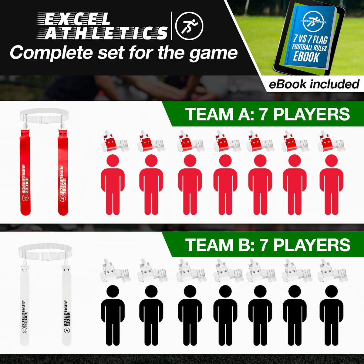 Excel Athletics Adjustable Flag Football Set Youth, Kids & Adult with 14 Player Belts & 28 Football Flags (Red & White)