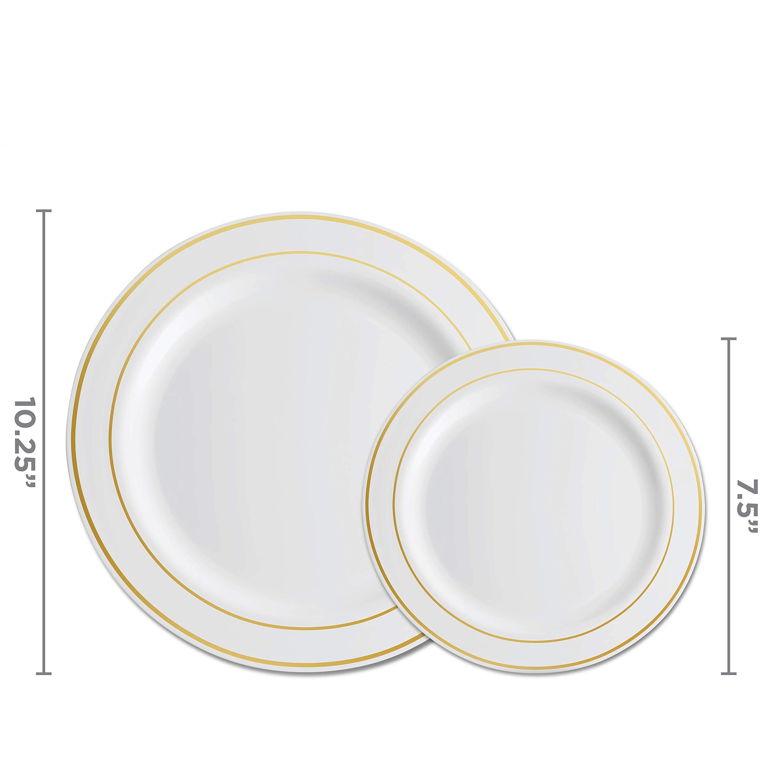 Munfix 100 Piece Plastic Party Plates White Gold Rim, 50 Premium Heavy Duty 10.25 Inch Dinner Plates and 50 Disposable 7.5 Inch Dessert Appetizer Elegant Fancy Heavy Duty Wedding Plates