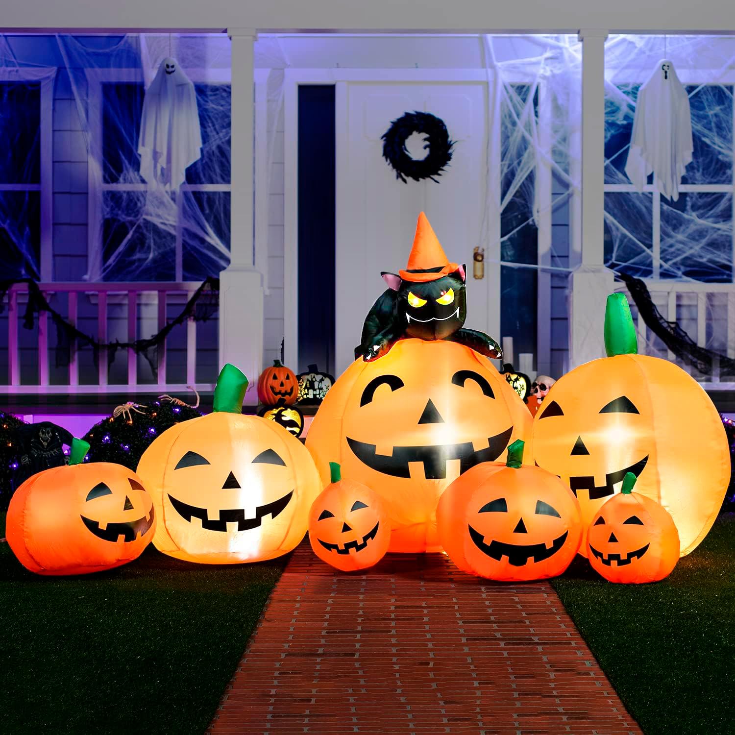 Joiedomi 7 FT Long Halloween Inflatables Pumpkin Outdoor Decorations, 7 Pumpkins Outside Decoration with Witch's Cat with Build-in LEDs Blow Up Inflatables for Halloween Party Yard Lawn Garden Decor