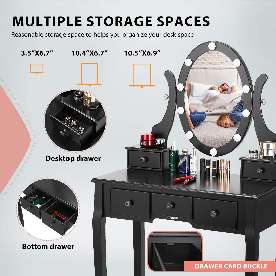 VIVOHOME Makeup Vanity Set with 10 Dimmable LED Bulbs, Dressing Table with 360° Rotating Lighted Mirror and Cushioned Stool, Black