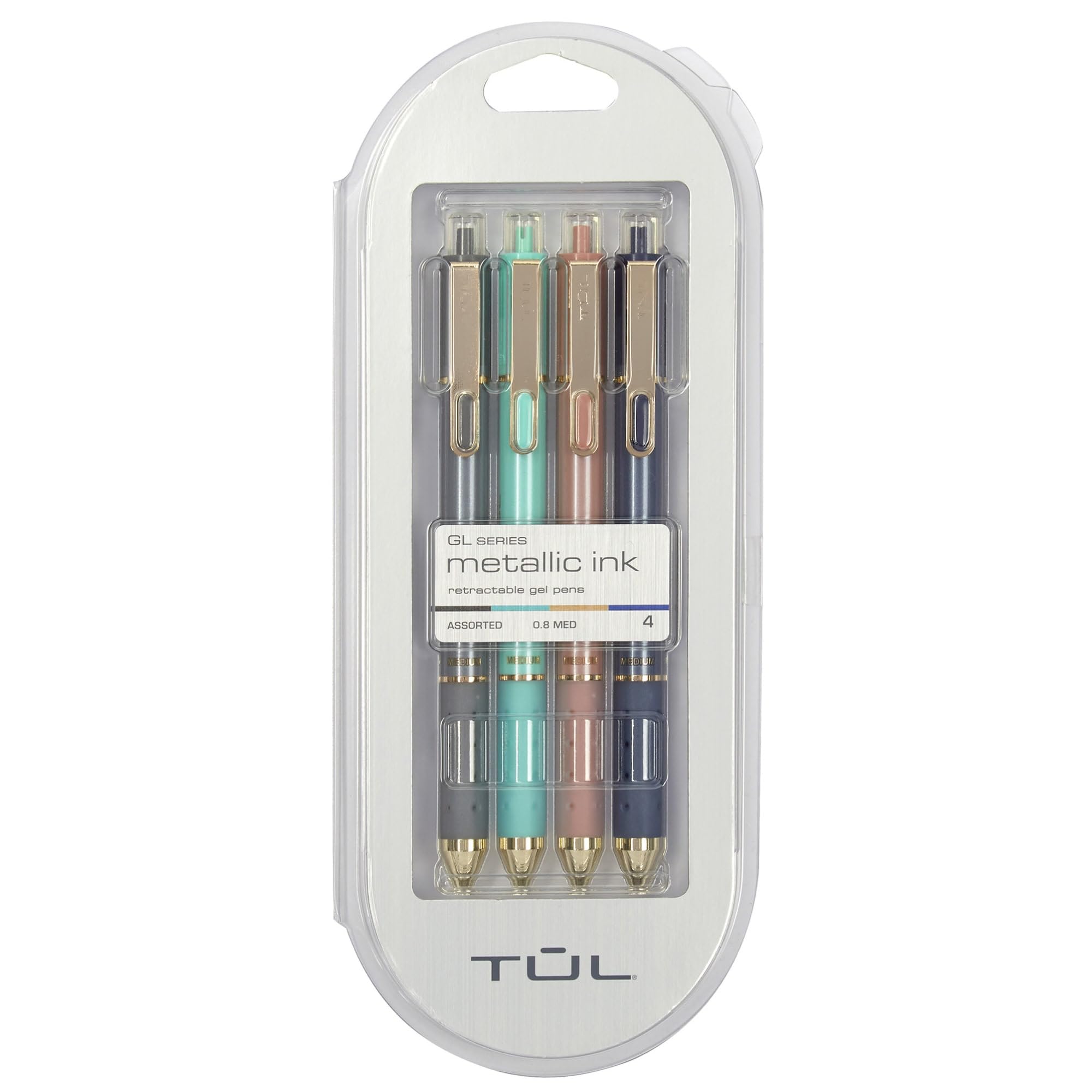 TUL® GL Series Retractable Gel Pens, Medium Point, 0.8 mm, Assorted Barrel Colors, Assorted Metallic Inks, Pack Of 4 Pens