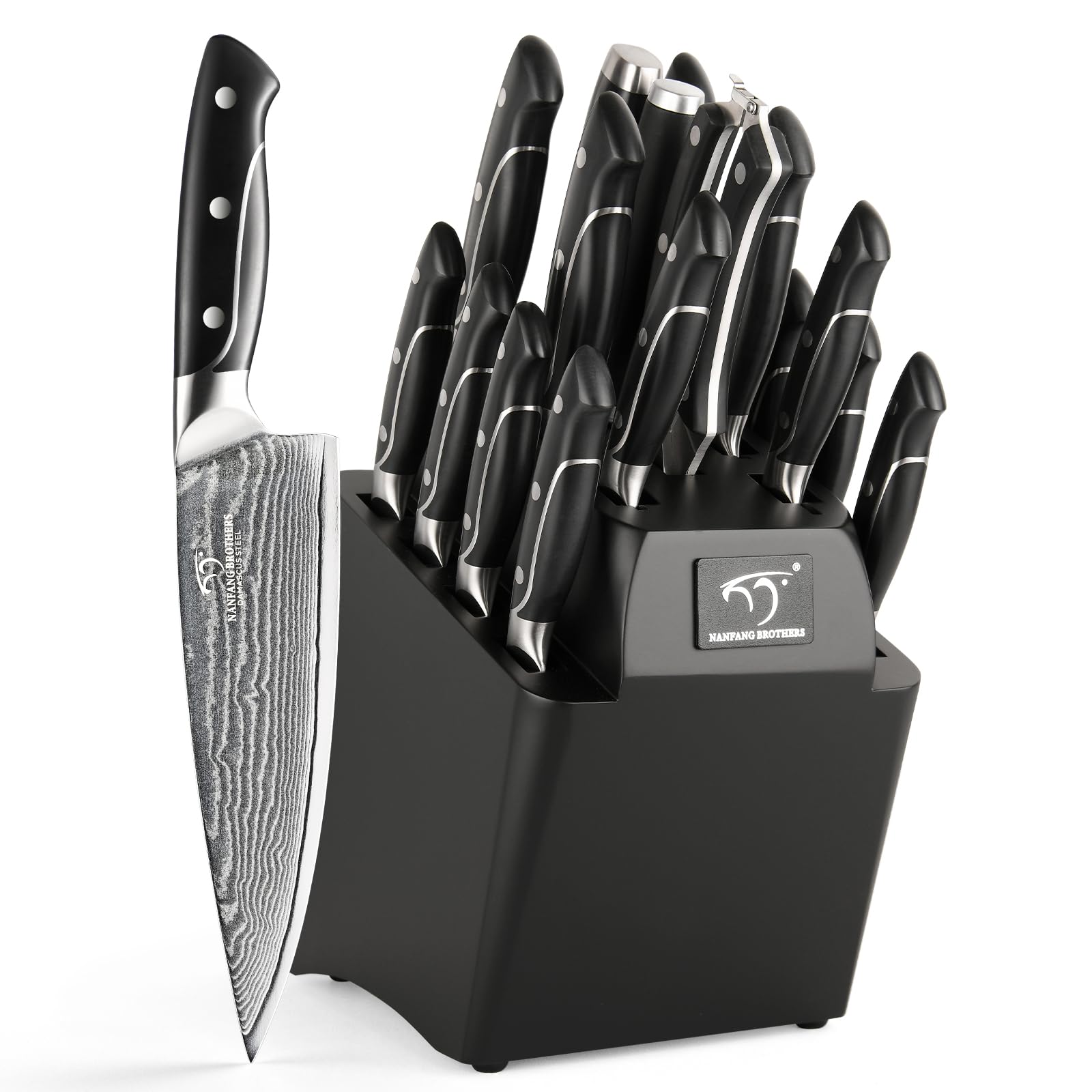 18 Pieces Damascus Kitchen Knife Set, 8 Piece Steak Knives, Non-slip ABS Ergonomic Triple Rivet Handle for Meat Fork, Knife Sharpener and Shears, 17 Slots Wooden Knife Block