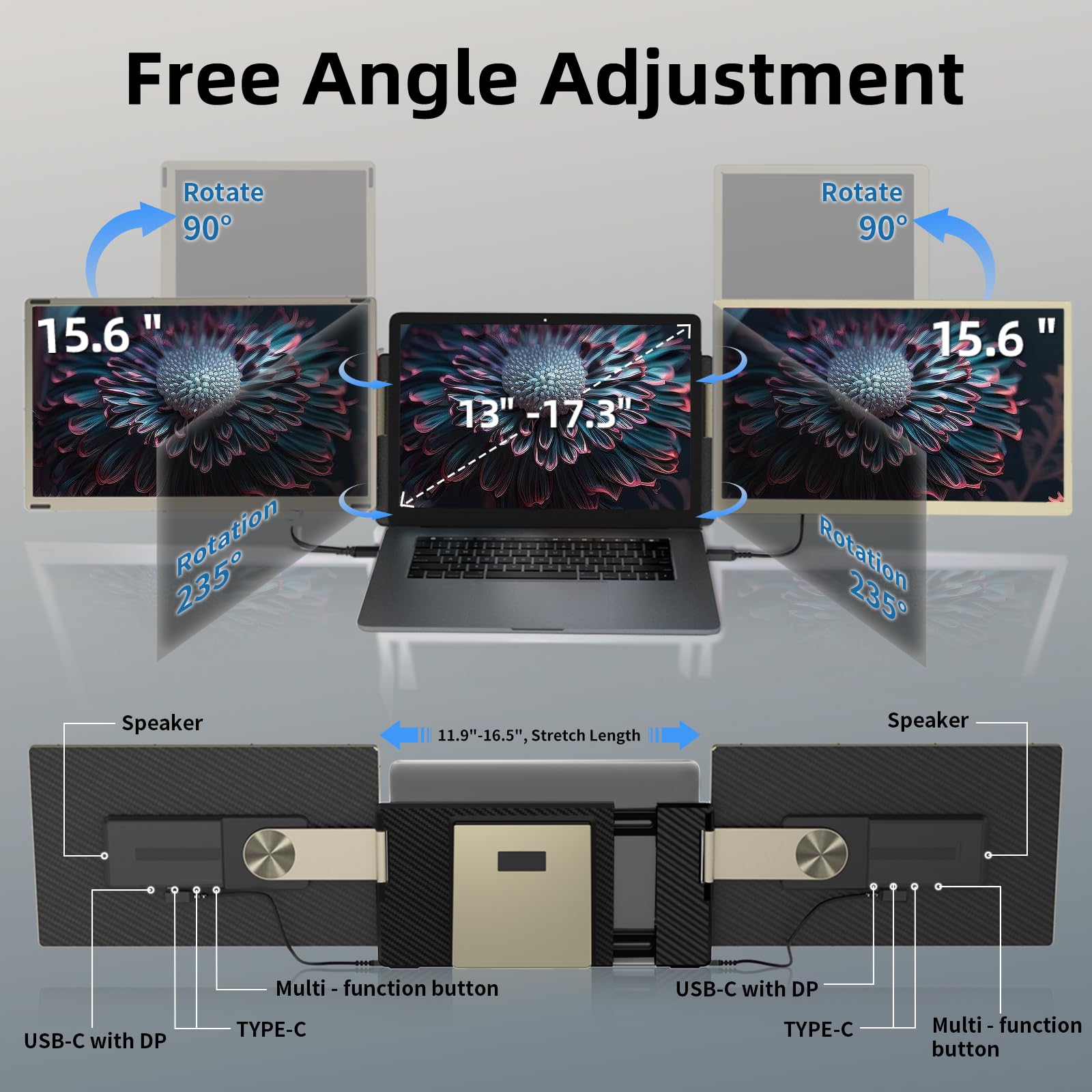 ROYY Laptop Screen Extender Triple Monitor - 15.6" Portable Monitor 85% NTSC FHD 1080P IPS 235° Rotation Detachable Screen Design Extra Screen Compatible with Mac Wins Dex Chrome Fits 13"-17" Laptops