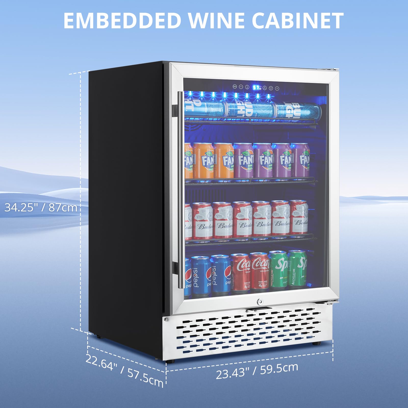 GarveeHome Beverage Refrigerator, 120 Cans Capacity, Built-in/Freestanding Cooler, Digital Control, Under Counter Beer Fridge with Glass Door, Safety Locks, Removable Racks, for Kitchen, Bar, Office