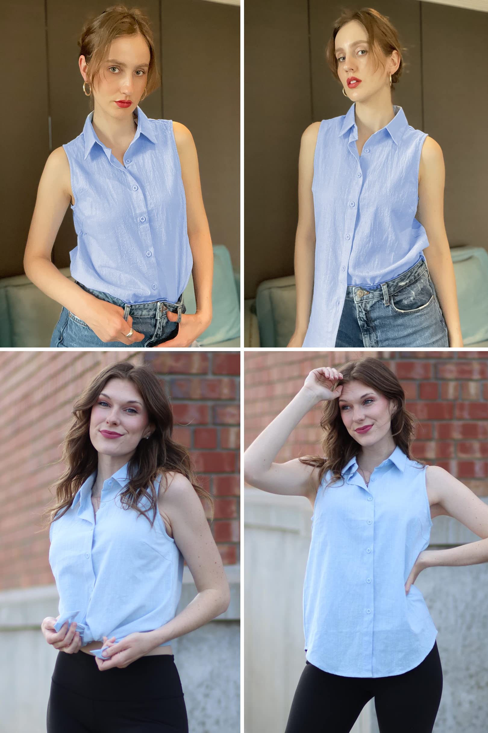 HOTOUCH Womens Sleeveless Button Down Shirt Collared Cotton Linen Blouse Casual Office Shirts Basic Tank Top A-Sky Blue