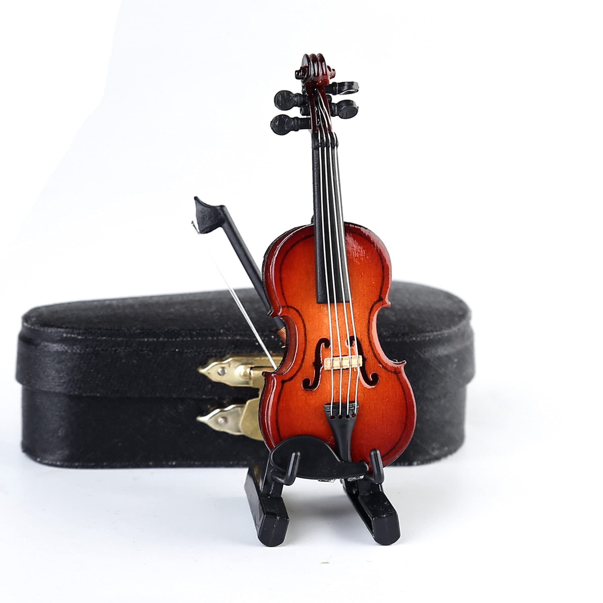 Dselvgvu Wooden Miniature Violin with Stand,Bow and Case Mini Musical Instrument Miniature Dollhouse Model Home Decoration (3.15"x1.18"x0.59")