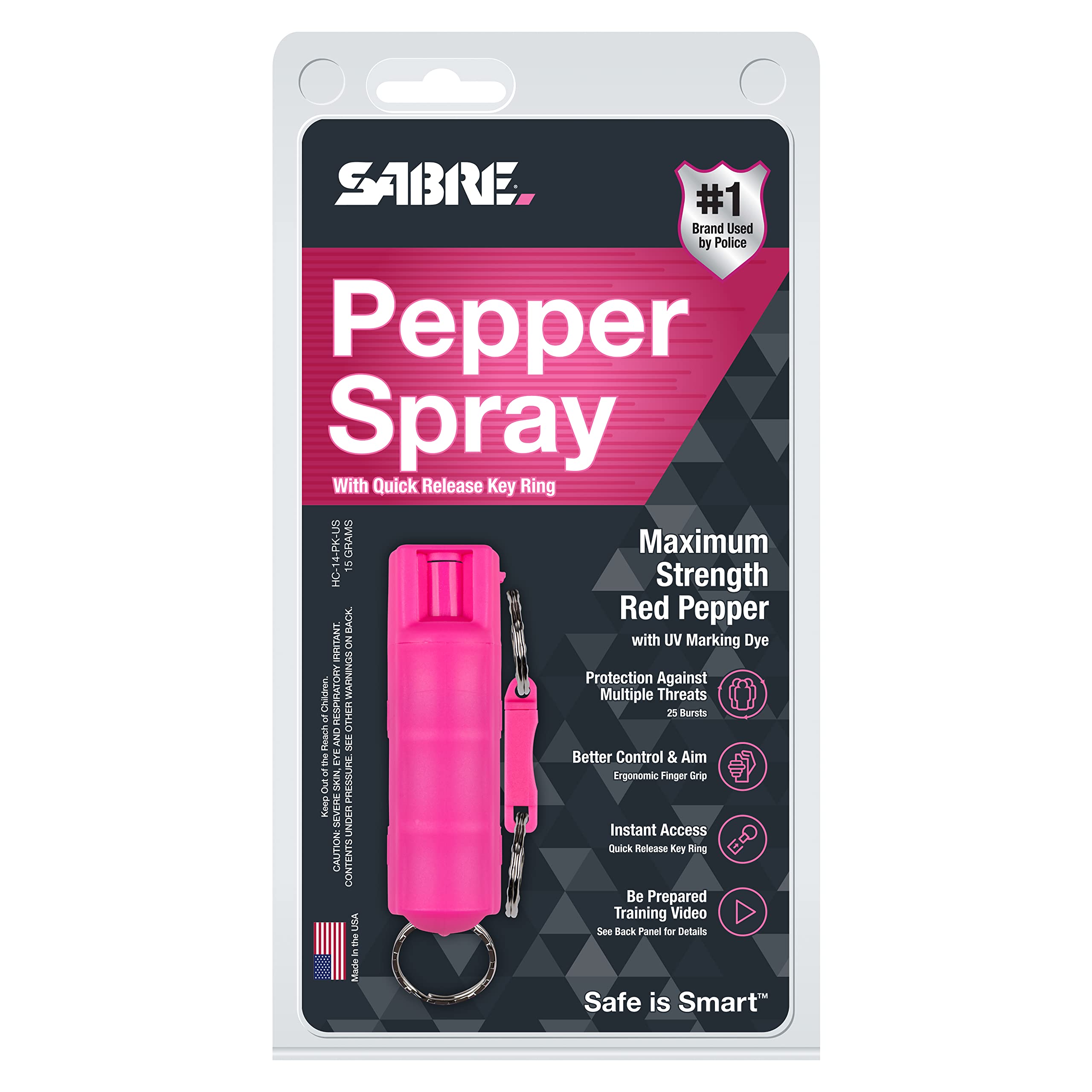 SABRE Pepper Spray, Quick Release Keychain for Easy Carry and Fast Access, Finger Grip for More Accurate and Faster Aim, Maximum Police Strength OC Spray, 0.54 oz, Secure and Easy to Use Safety