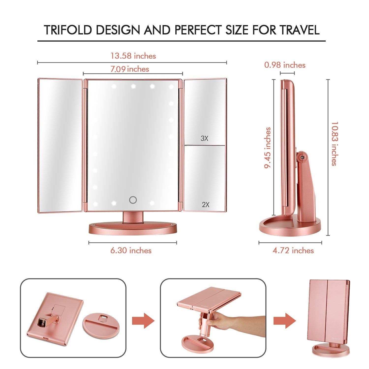 Flymiro Tri-fold Lighted Vanity Makeup Mirror with 3x/2x Magnification,21 LEDs Light and Touch Screen,180 Degree Free Rotation Countertop Cosmetic Mirror,Travel (Rose Gold)