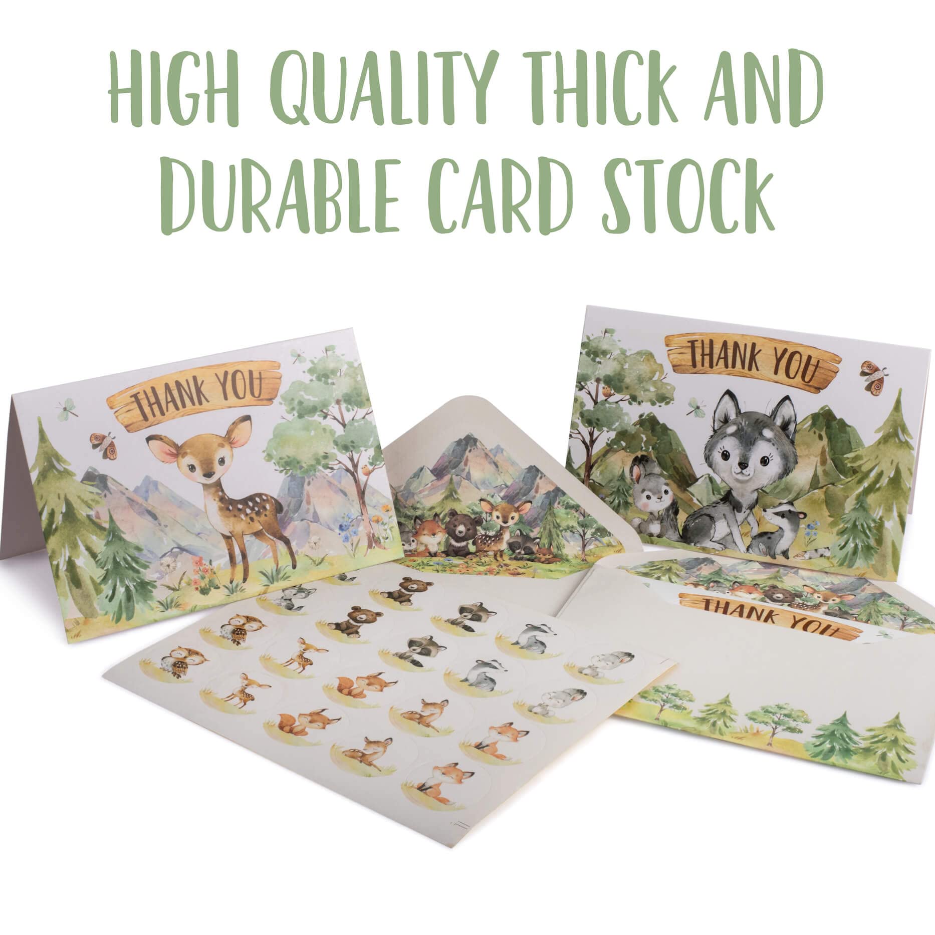 VNS Creations 50 Woodland Animal Thank You Cards, Bulk Forest & Mountain Creatures Thank You Notes w/Matching Lined Envelopes & Stickers, 4 x 6 in.