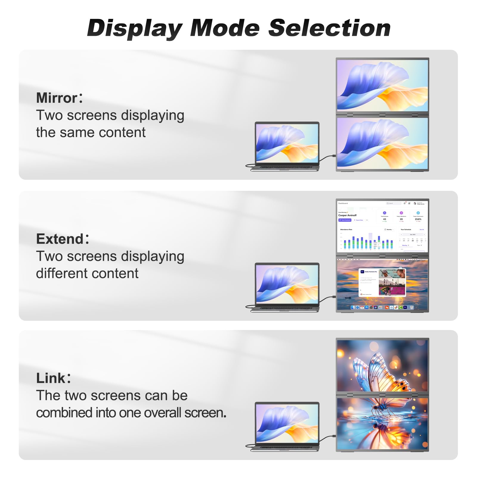 Triple Laptop Screen Extender, 18.5" 1080P FHD IPS Folding Stacked Dual Portable Monitor, USB-C Plug & Play Travel Extended Computer Display for Laptop PC Windows Mac w/Stand & VESA Mountable