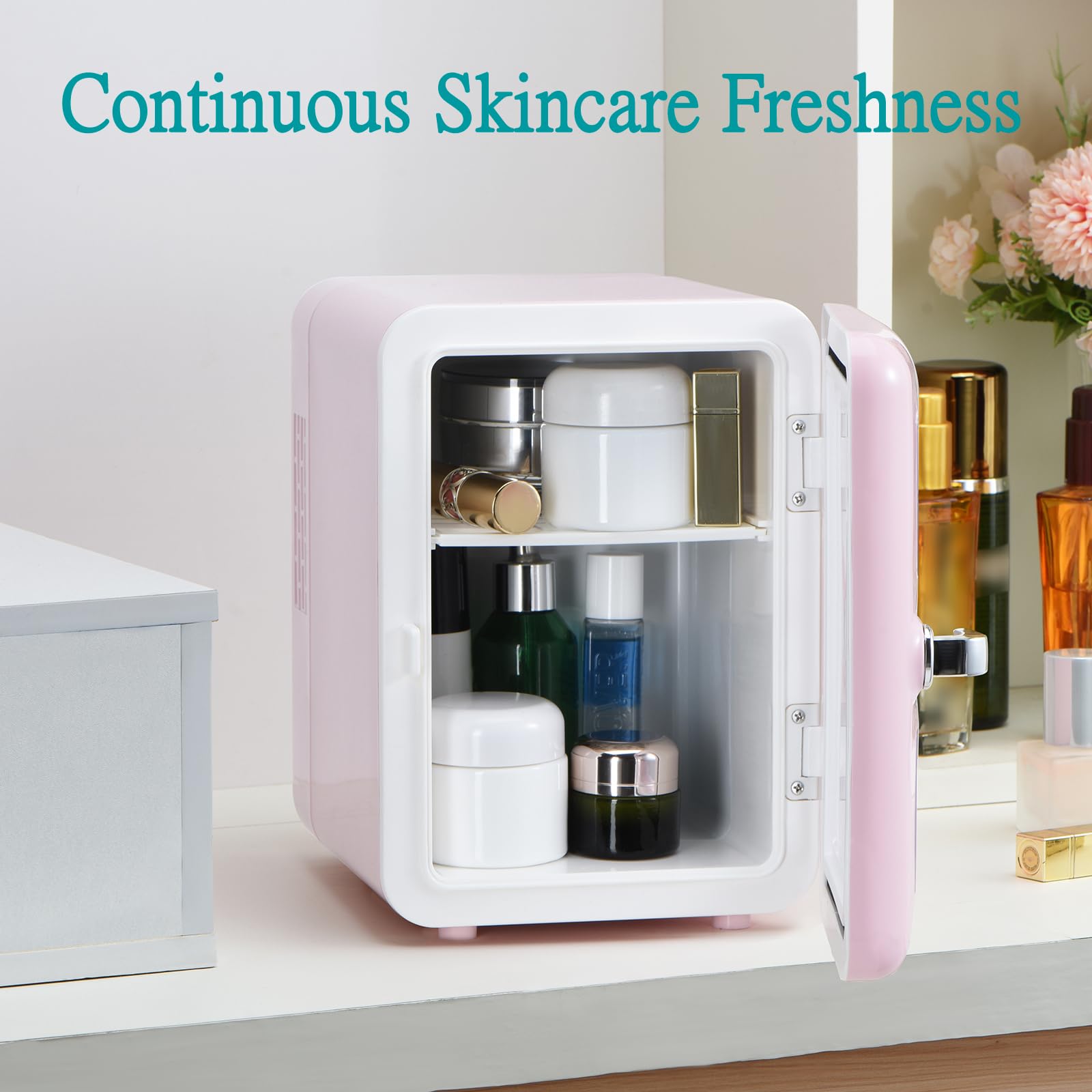 Iceblue Skincare Fridge with Viewing Window, 4L Compact Small Fridge for Bedroom, Car, Office & Dorm, Pink Mini Fridge for Beauty Essentials & Beverages(Pink)