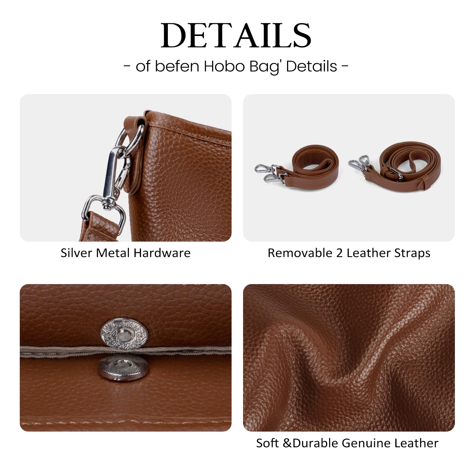 befen Genuine Leather Purse for Women, Brown Crossbody Bags for Women Soft Real Leather Hobo Bag with 2 Detachable Straps Designer Large Crossbody Purse Womens Shoulder Handbag for Daily and Work