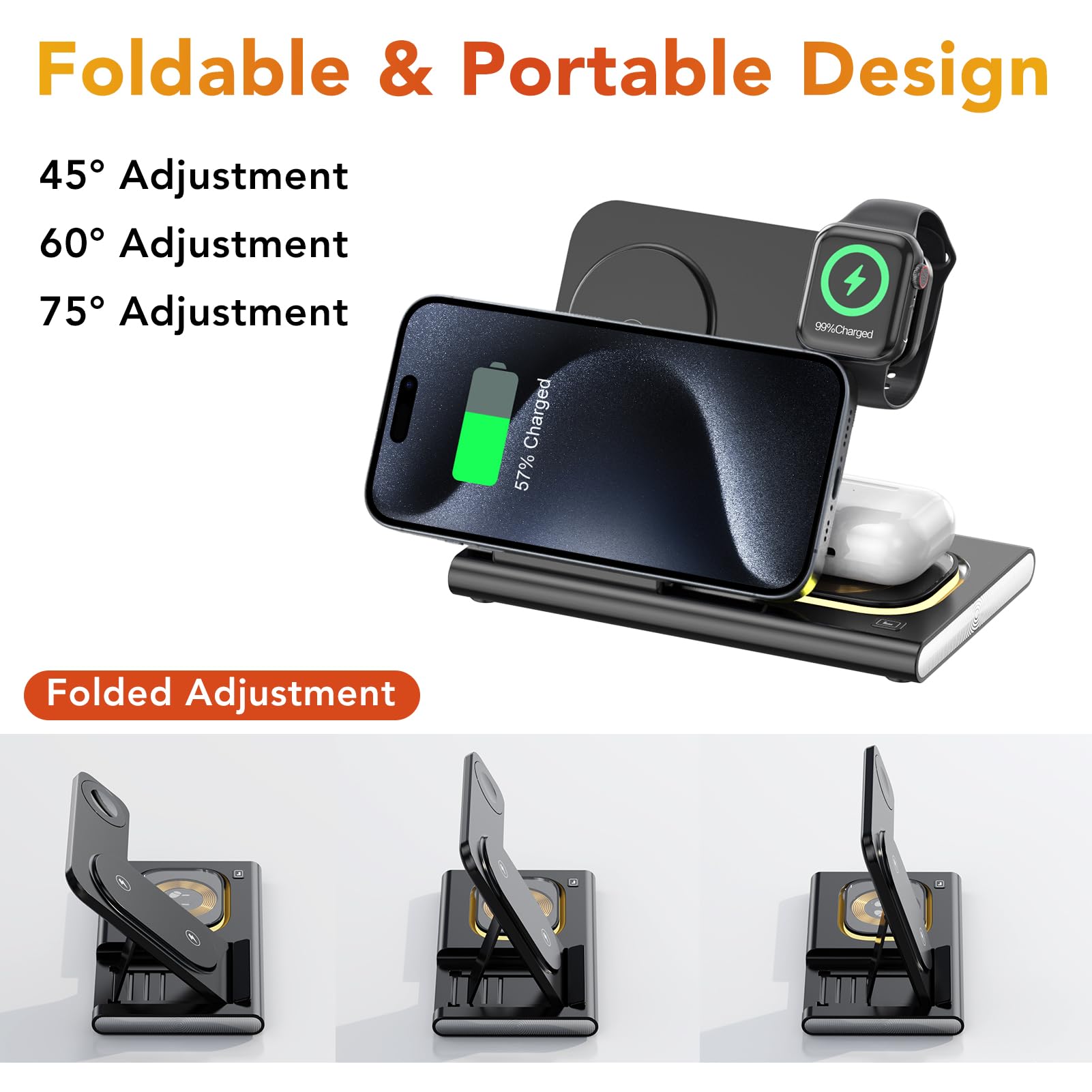 3 in 1 Foldable Charging Station for Apple Products,Fast Wireless Charger Travel Dock Adapter&Light for iPhone 16/15/14/13/12/11/X/XS,for iWatch 10/9/8/7/Ultra2/Ultra/SE,for AirPods 4/3/2/Pro/2(black)