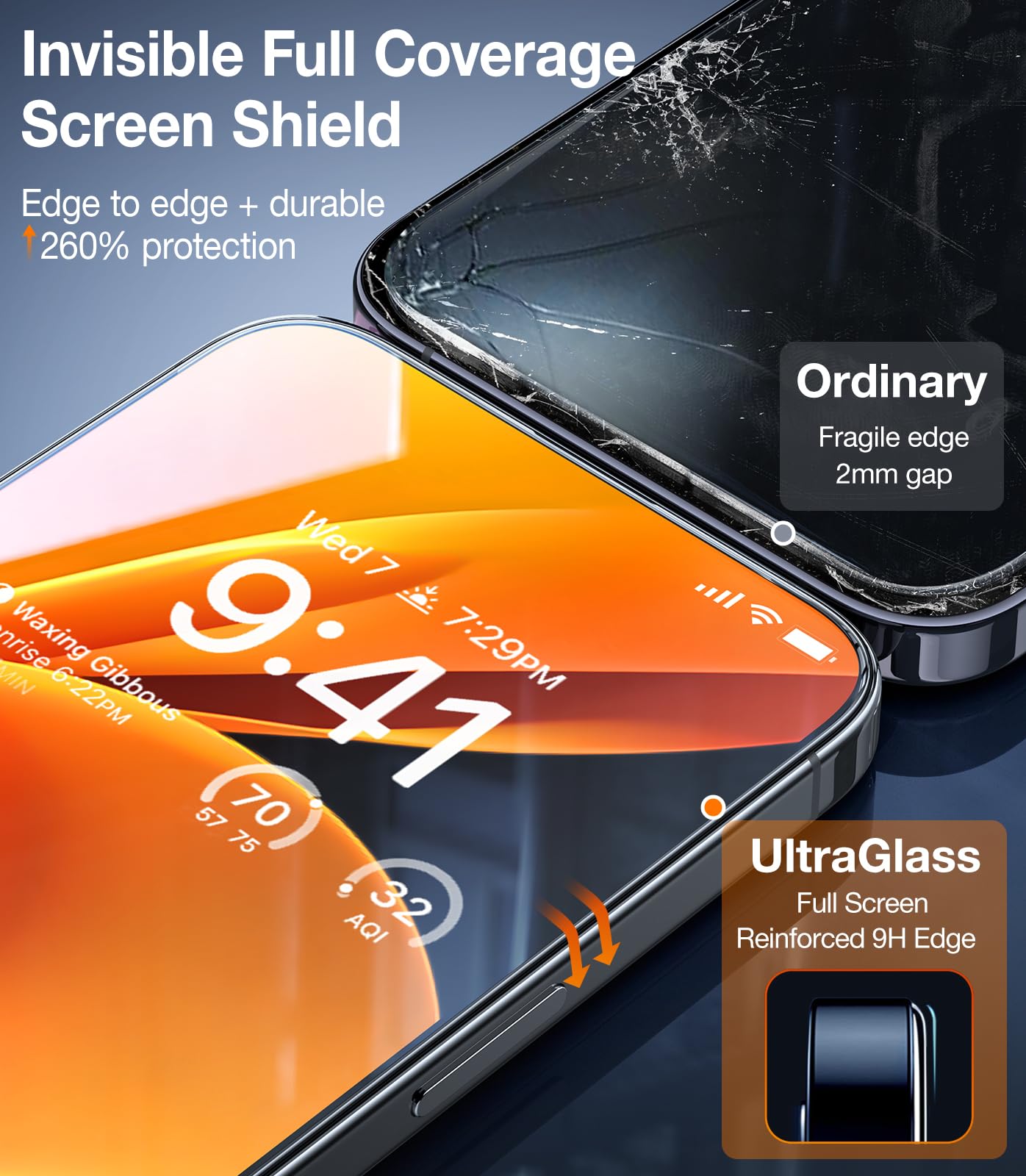 UltraGlass 9H+ Glass for iPhone 15 Screen Protector [Military Grade Shatterproof & Longest Durable] Screen Protector 15 Tempered Glass Full Coverage, Auto Install, 2 Packs