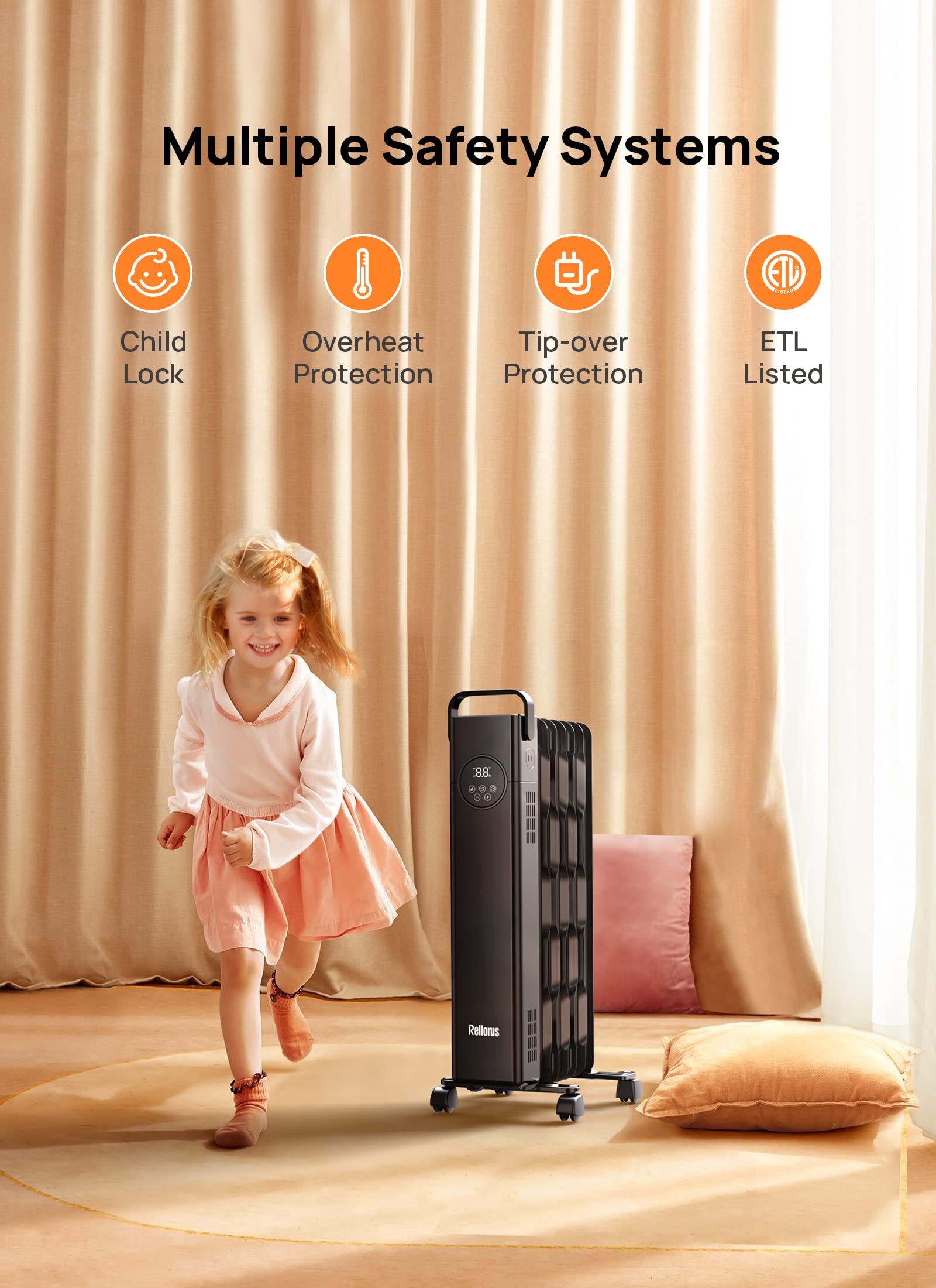 Rellorus Radiator Heater, Space Oil Filled Heater 1500W, 4 Modes, 24H Timer, Adjustable Thermostat, Quiet, Electric Portable Heater with Remote for Home, Office, Bedroom, Indoor Use