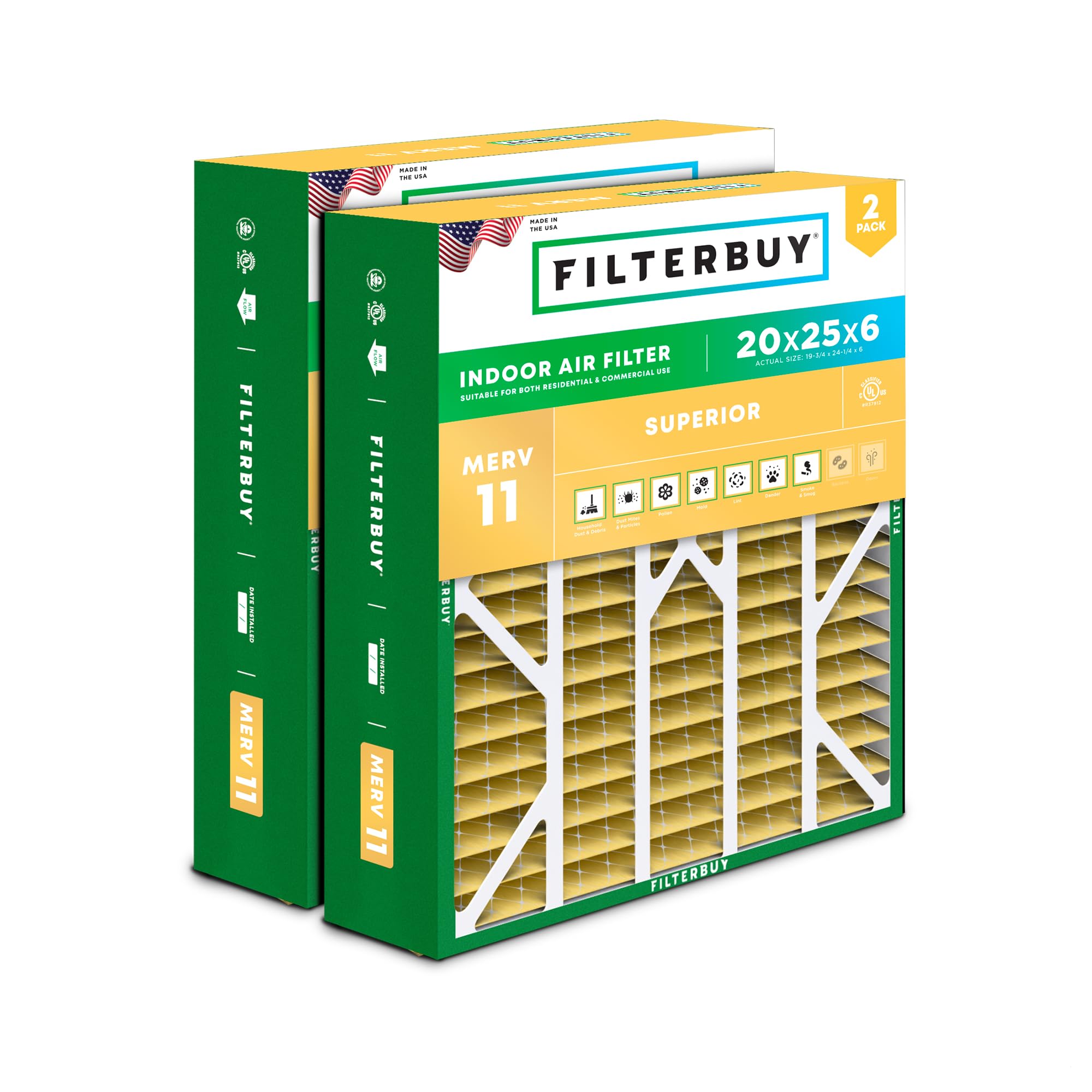 Filterbuy 20x25x6 Air Filter MERV 11 Allergen Defense (2-Pack), Pleated HVAC AC Furnace Air Filters for Aprilaire Space-Gard 201/2200 / 2250 & Lennox (Actual Size: 19.75 x 24.25 x 6.00 Inches)