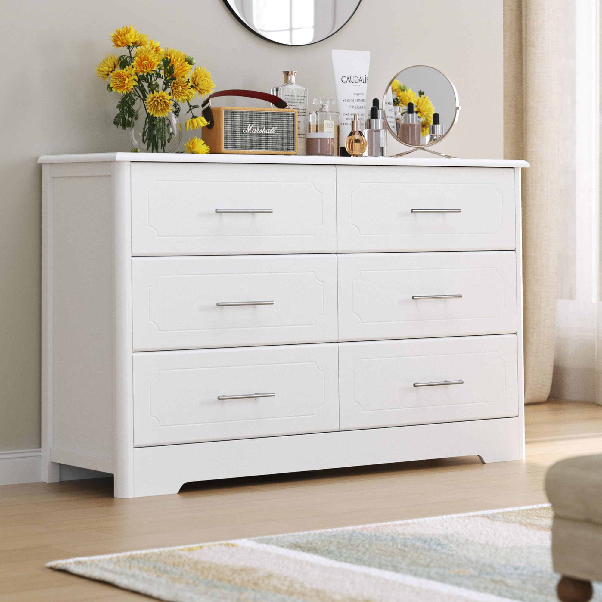 HOSTACK 6 Drawer Dresser, Modern White Wide Chest of Drawers with Metal Handels, Wood Double Dresser, Storage Chest Organizers for Living Room, Hallway, Entryway, White