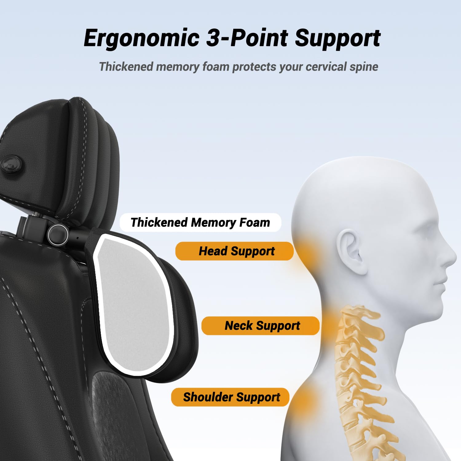 Car Headrest Pillow, Thickened Memory Foam Road Pal Headrest, Neck Support Pillow, 180° Adjustable Car Headrest, U- Shaped Design, Travel Car Sleeping,Suitable for Kids and Adults (Black)