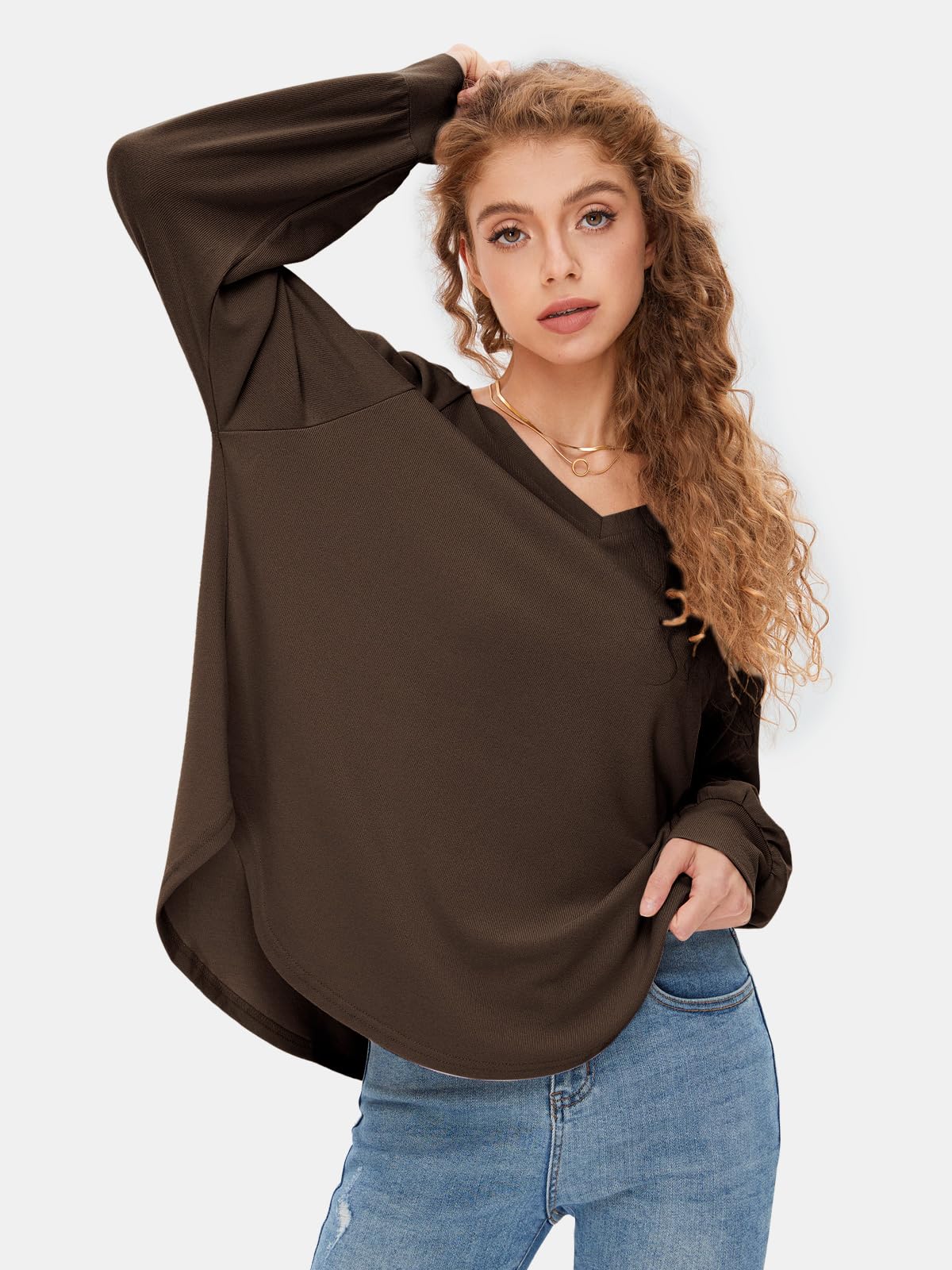 EXLURA Womens 2024 Fall Fashion Long Sleeve V Neck Shirts Casual Pullover Sweater Tops Loose Trendy Tunic Blouses Dark Brown