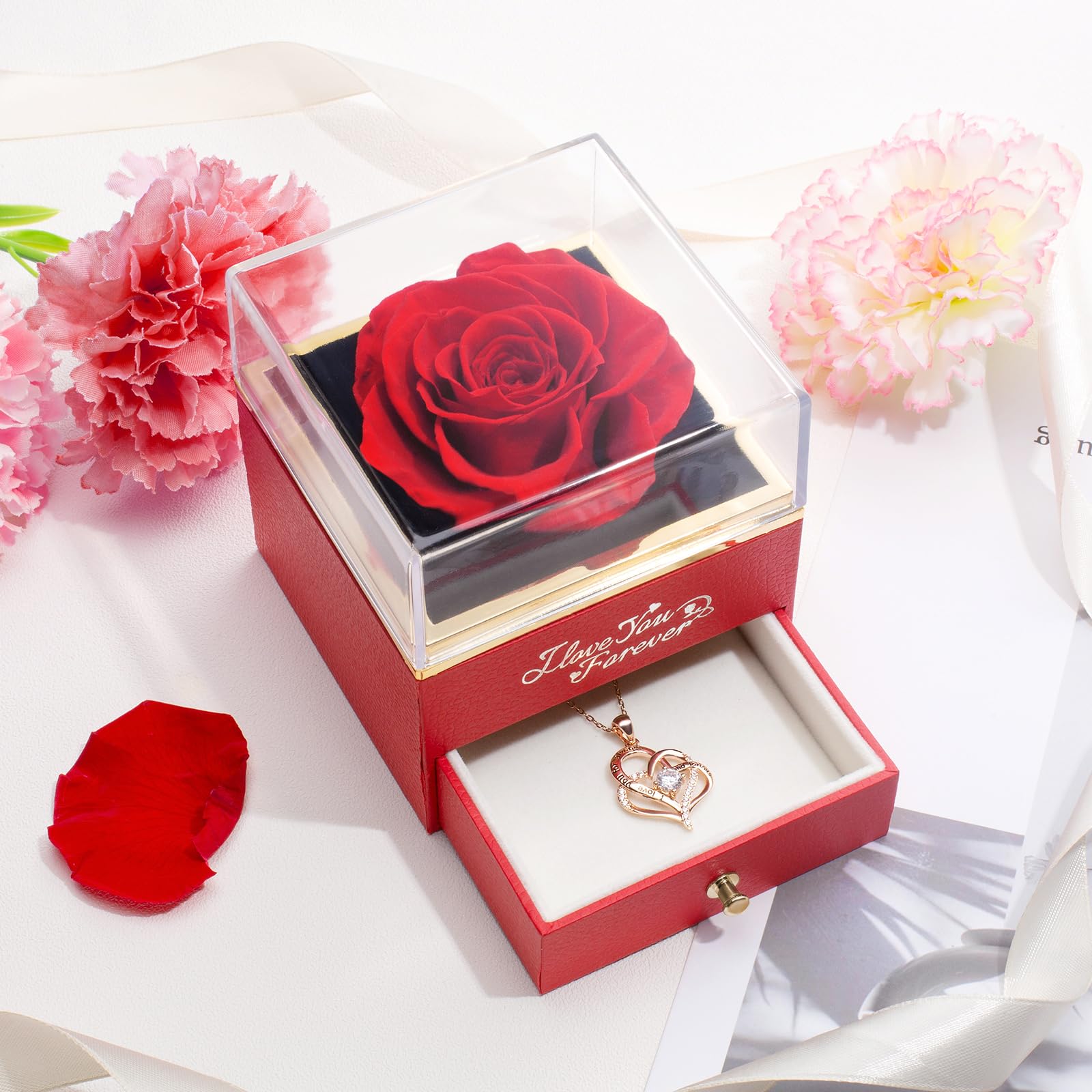 WILDLOVE Forever Real Rose with Heart Necklace, Preserved Flowers Gifts for Mom, Wife and Girlfriend on Christmas, Valentine's Day, Mother's Day, Birthday for Women Her - Red