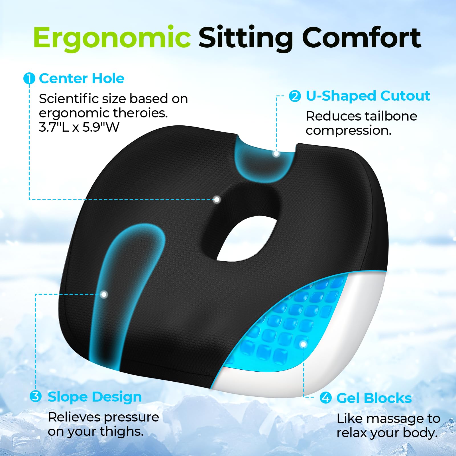 AUVON Cool Donut Pillow with Gel Layer & Scientific Center Hole, Hemorrhoid Pillow with U-Shaped Cutout for Tailbone Pain Relief, Donut Cushion for Long Sitting, Sciatica, Pregnancy, Post-Surgery