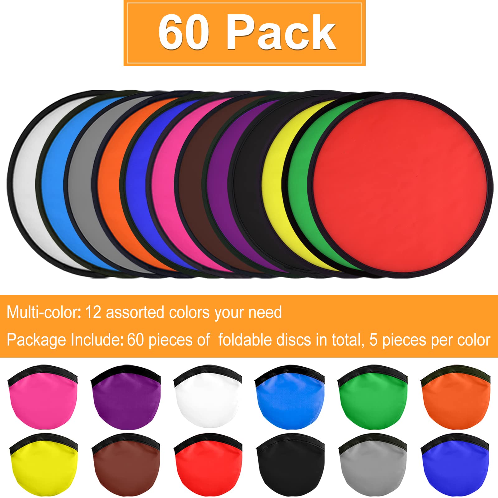 Mototo 60 Pieces Foldable Flying Disc Fans with Bag Folding Pocket Toy Set for Kids Fun Birthday Party Favors Summer Outdoor Activity Game Halloween Christmas, 12 Colors