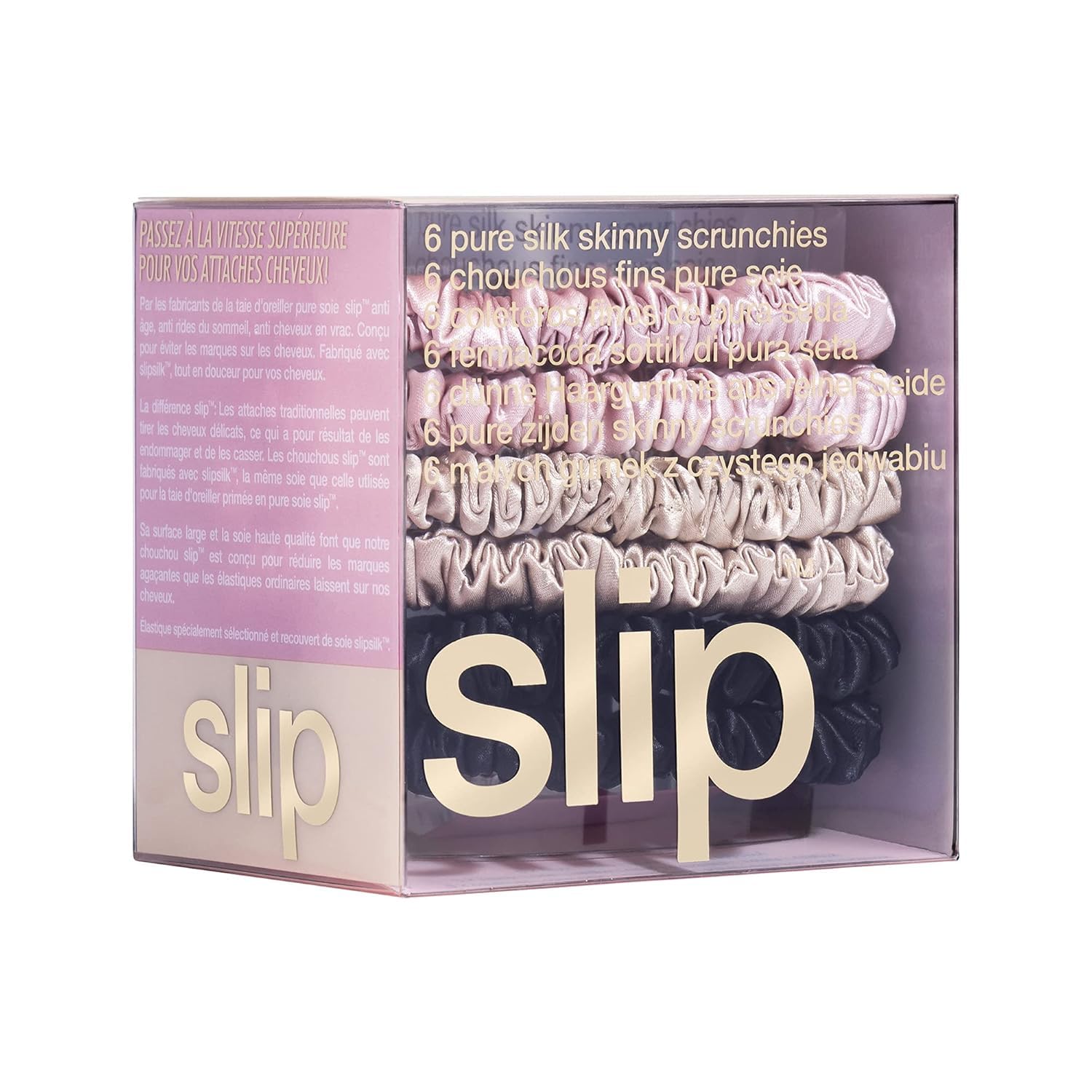 Slip Silk Skinnie Scrunchies in Black, Pink, and Caramel - Elastic Scrunchies Set (6 Scrunchies)