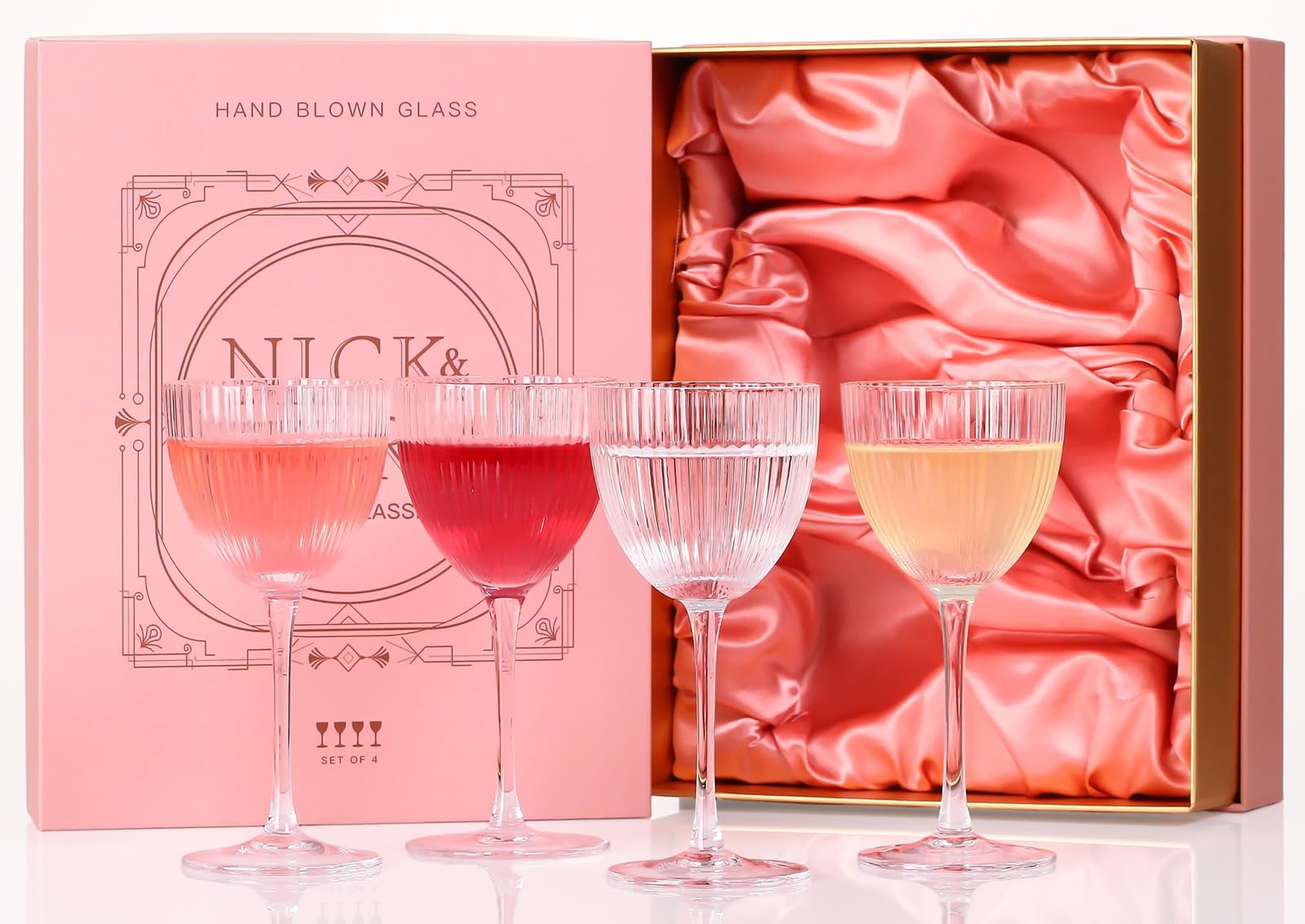 SIPBYSOP Nick and Nora Cocktail Glasses - Coupe Glasses Set of 4, Vintage Ribbed Martini Glassware, Crystal Cordial Cups for Whiskey, Gin, Vodka, Champagne, Women Gifts, 5 Oz