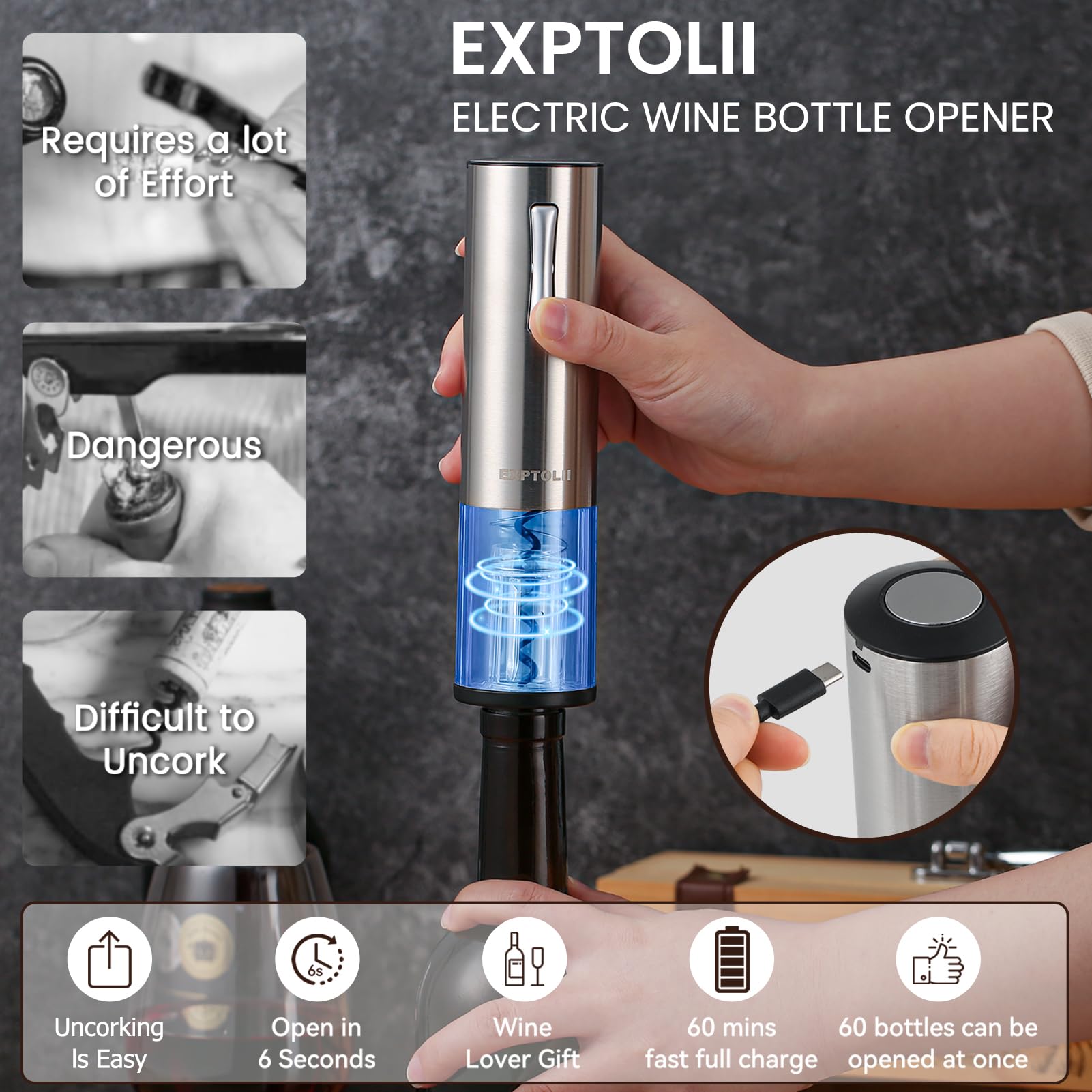 Electric Wine Opener Gift Set - Rechargeable Wine Bottle Opener, Wine Aerator, Vacuum Stoppers, Foil Cutter for Home Bar and Outdoor Parties