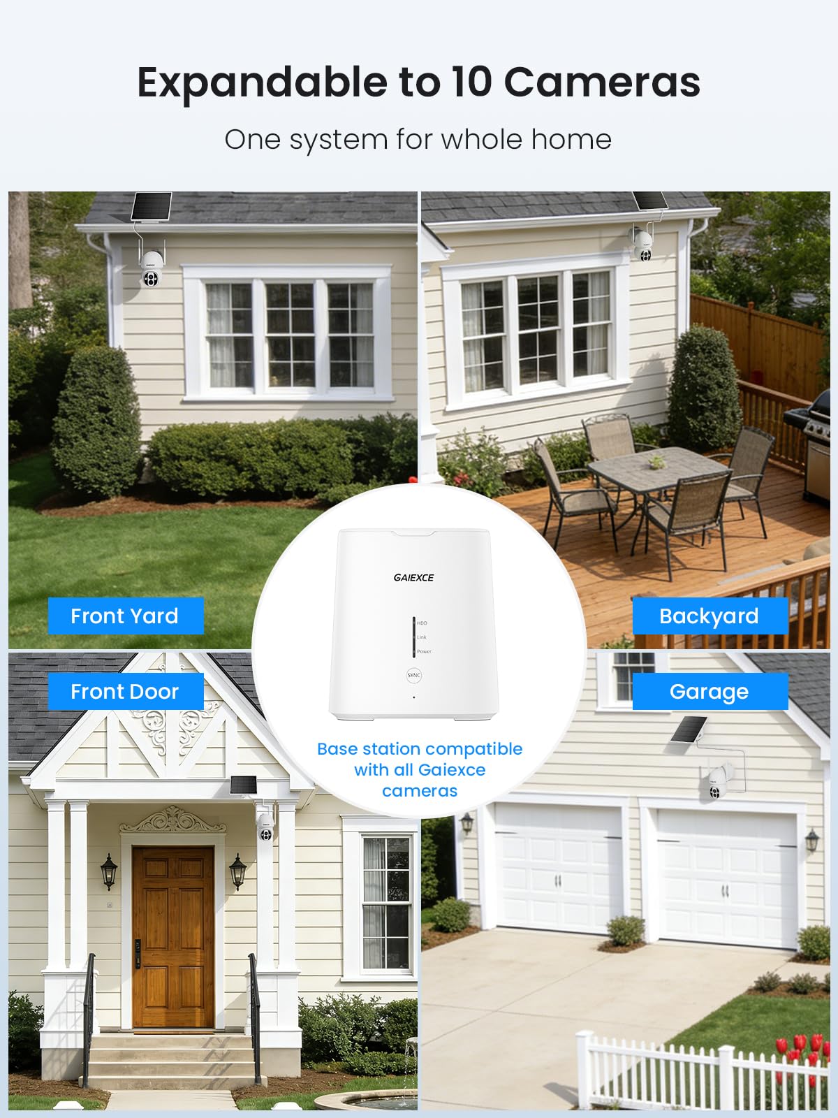 Gaiexce Solar Camera Outdoor Wireless, No Subscription, Expandable to 10CH, 4 Cam Kit Home Security Camera System, 4MP Color Night Vision, 360° Pan&Tilt, PIR/AI Detection, Works Offline & 2.4G/5G WiFi