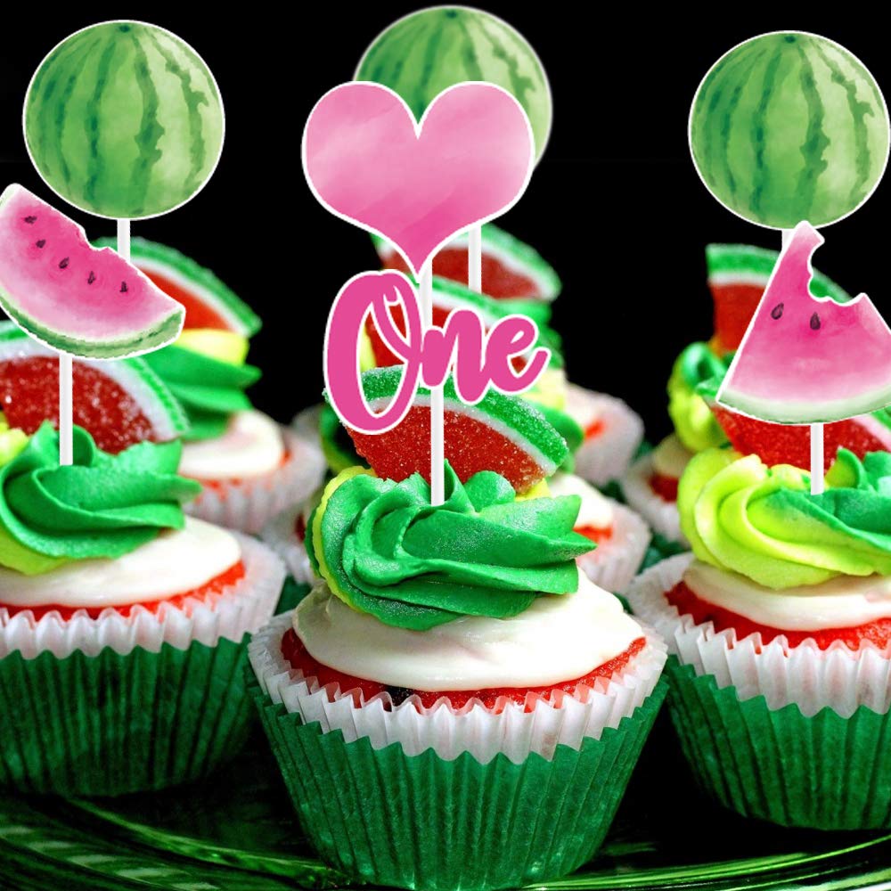 WERNNSAI Watermelon Cake and Cupcake Toppers - Pack of 31PCS Watermelon Cake Topper for Girls 1st Birthday Summer Tropical Fruit Watermelon Themed Party Cupcake Topper Picks Decorations