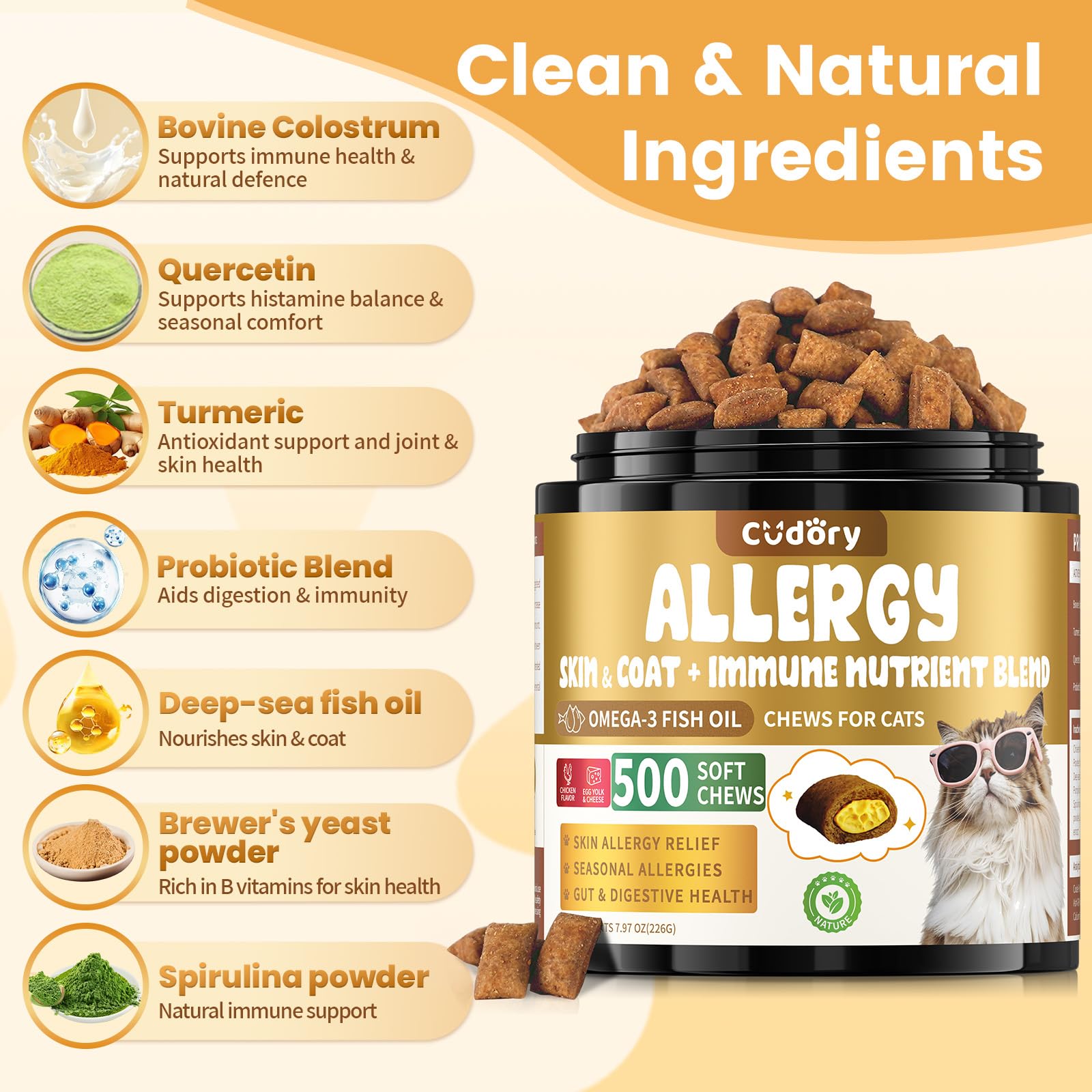 Cudory Chews for Cats Bundle-Allergy Relief for Cats+Cat Probiotics Tasty Chews for Digestive & Gut Support-Omega 3 & Probiotic Natural Cat Supplements-Chicken