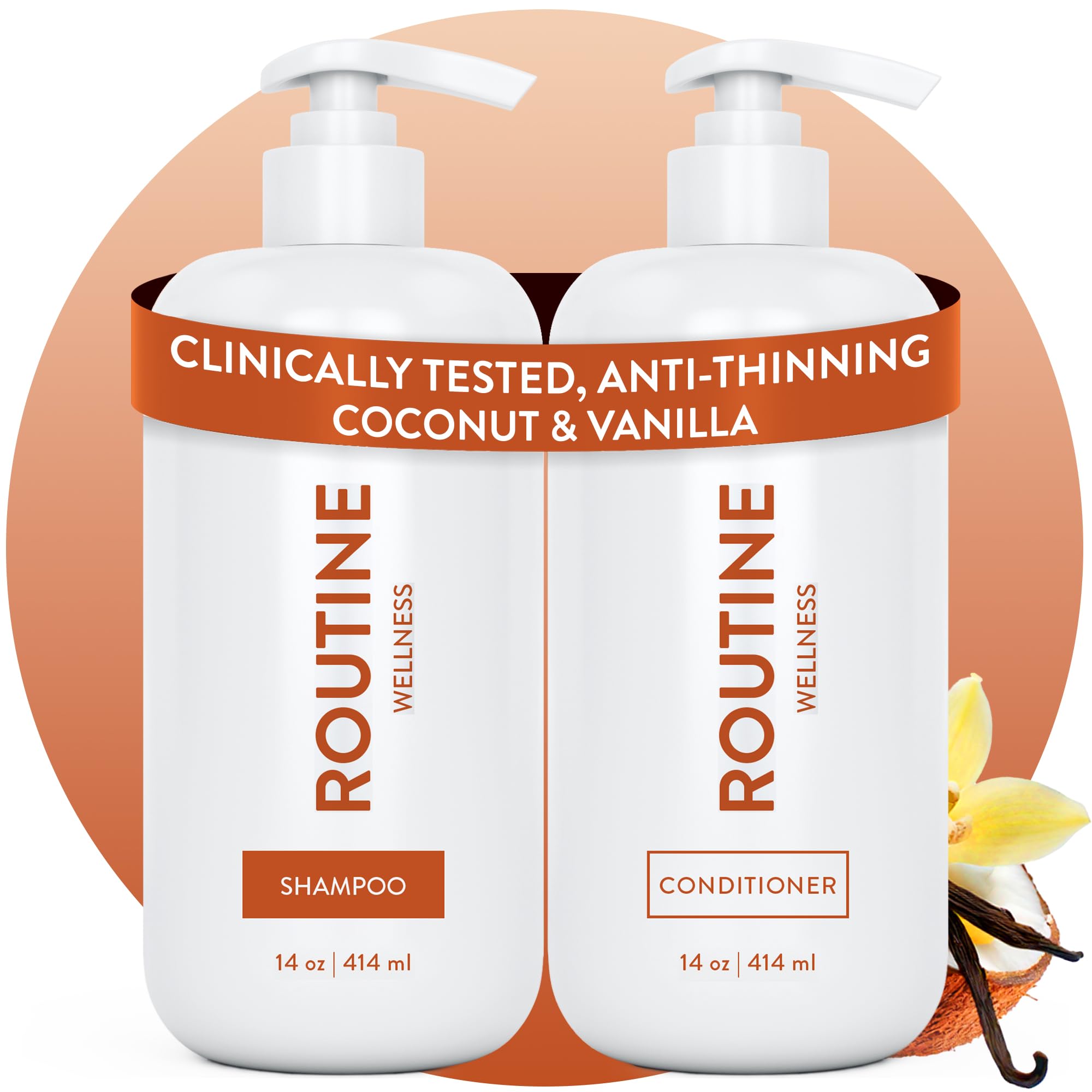 Routine Wellness Anti-Thinning Shampoo and Conditioner Set for Thinning Hair - Biotin DHT Blocker Women & Men - Color Safe Shampoo for Hair Loss & Healthier Hair - Coconut & Vanilla Set