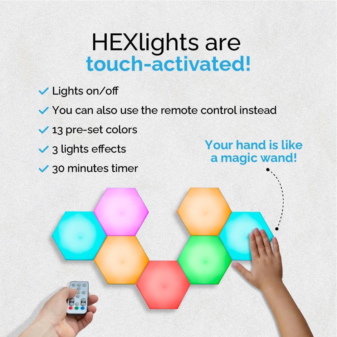 HEXlights Sensory Lights for Autistic Children — 7pk Touch Hexagon Lights, Remote Controlled Light Tiles — Enjoyed by Kids with Autism as a Tap Tap Wall Lights for Sensory Room — Table Stand Included