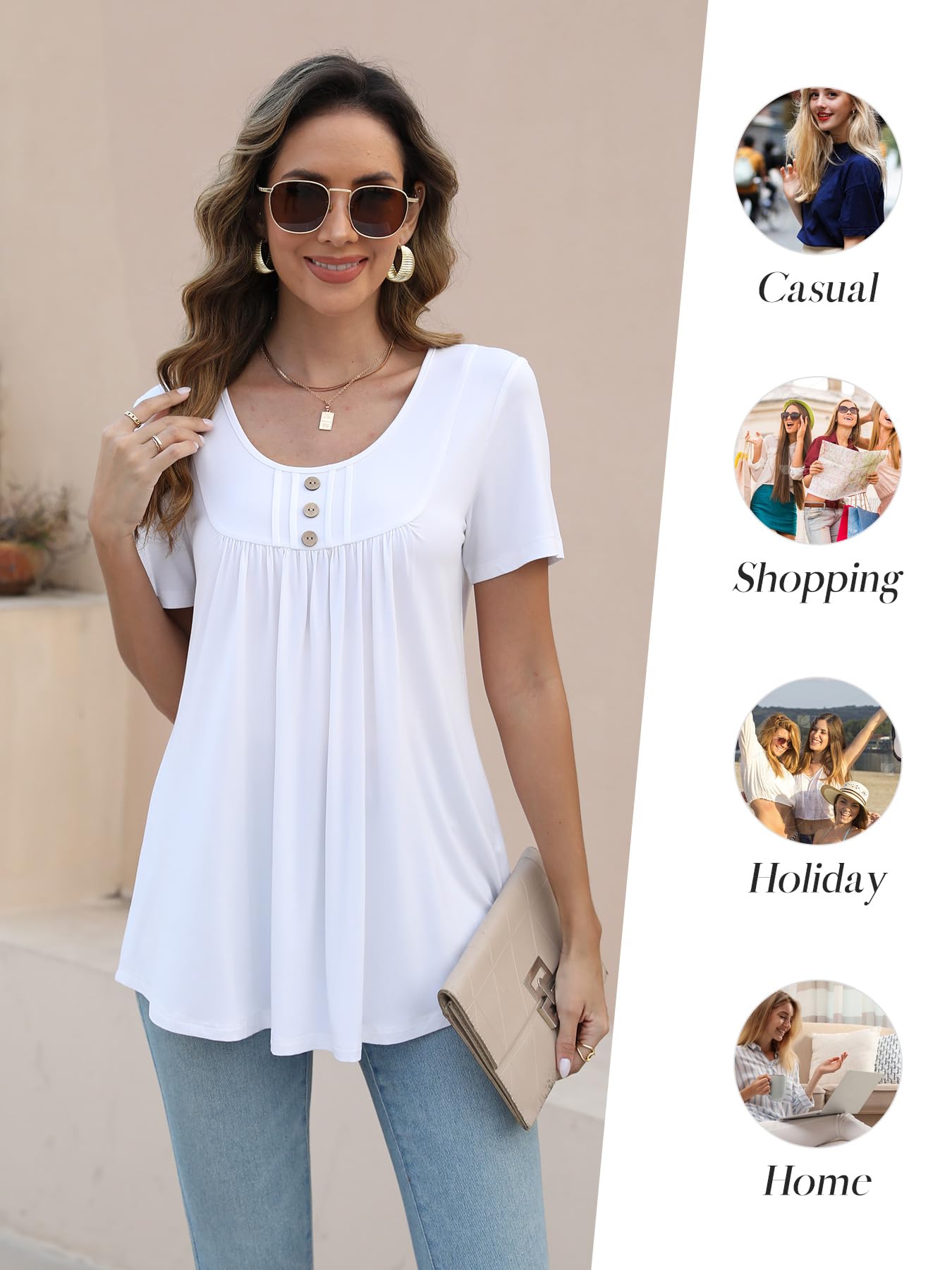 BeadChica Women's Tunic Tops For Leggings Short Sleeve Shirts Botton Up Casual Ruched Blouses Clothing Floral-M White Blue