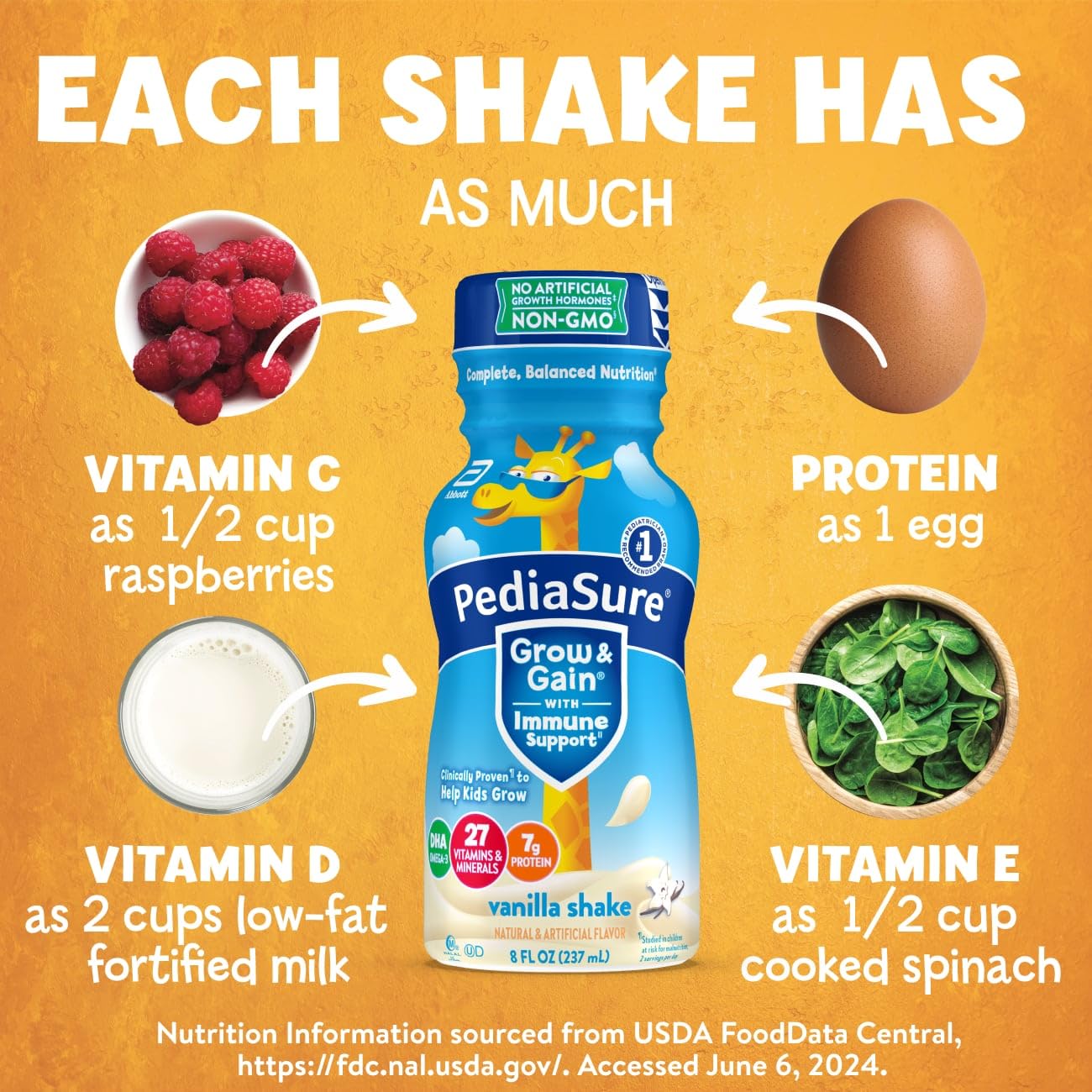 PediaSure Grow & Gain With Immune Support, Kids Protein Shake, Vanilla, 8-fl-oz Bottle, 6 Shakes