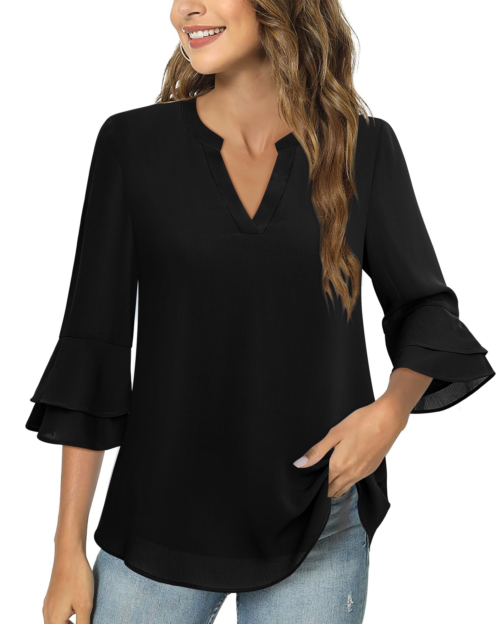 Lotusmile Blouses for Women Dressy Casual, Notch V Neck Tunic Flowy 3/4 Bell Sleeve Tops for Women Summer Chiffon Layers Elbow Length Top Loose Fitting Office Shirt Black