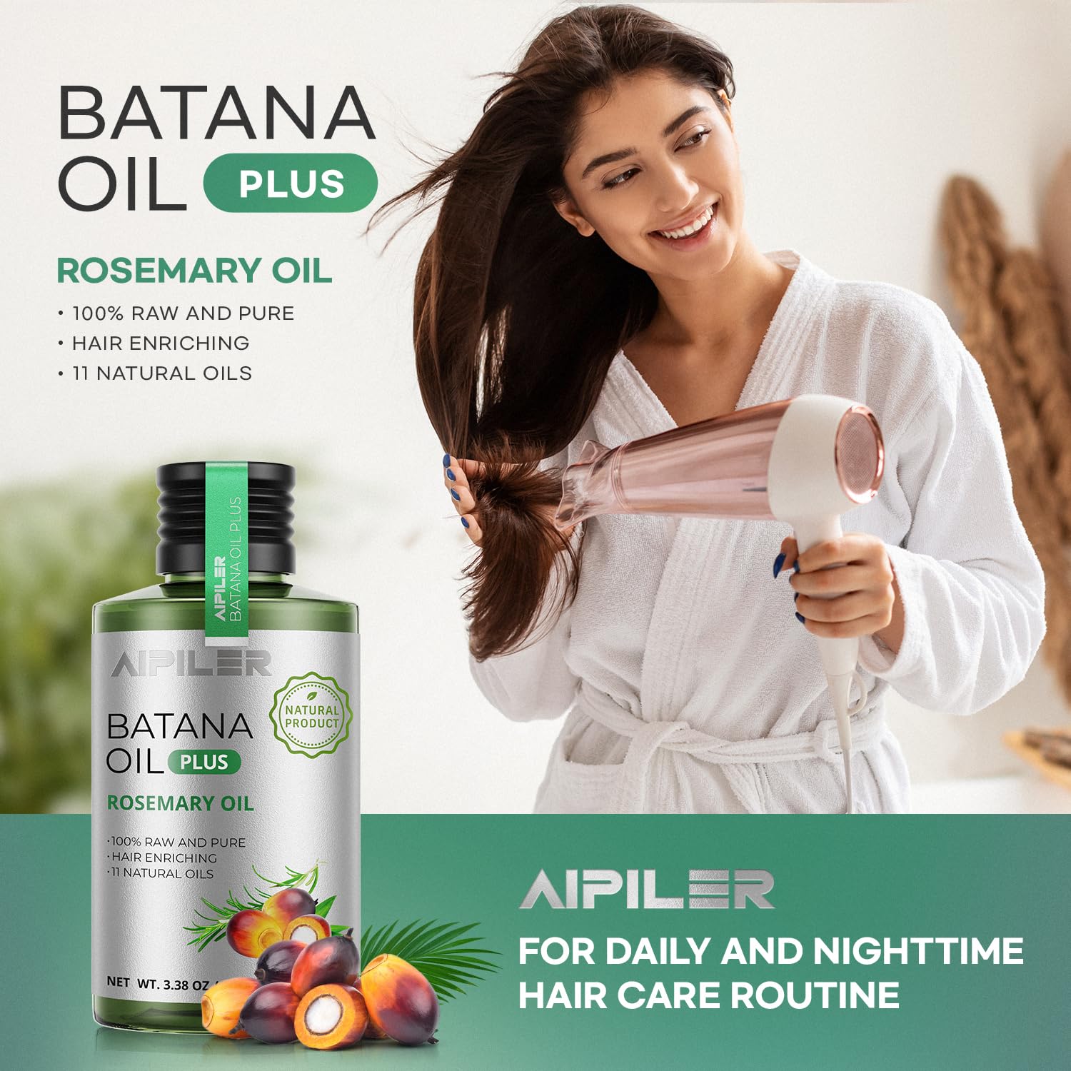 Batana Oil with Rosemary for Hair Growth: Vegan Natural Hair Oils - Nourish Hair Eyelashes Eyebrows Beard and Mustache - 100% Raw Castor Coconut Tea Tree Peppermint Ginger Jojoba and Argan Oils 3.38oz