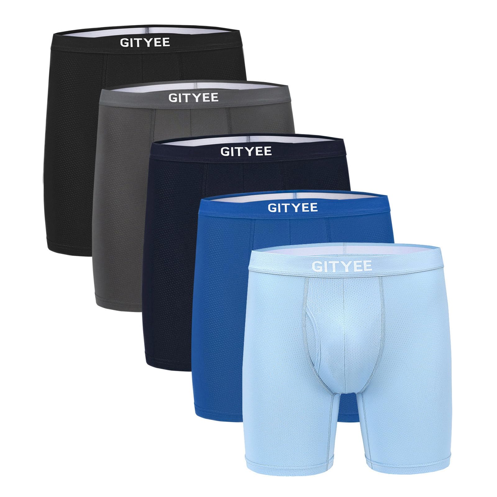 GITYEE Men's Breathable Mesh Tagless Athletic Work Underwear Boxer Briefs, Pack of 5 (Medium, Black/Grey/Navy/Blue/Light Blue)