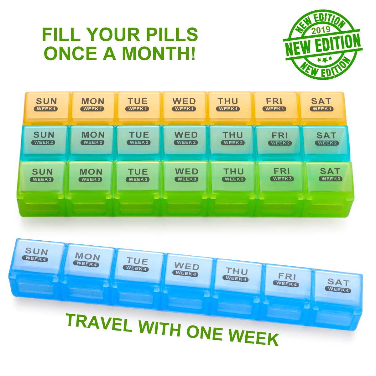 Sukuos Monthly Pill Organizer 28 Day Case, Moisture-Resistant Large 4 Week Month Pill Cases w/Dust-Proof Box for Vitamin/Fish Oil/Supplements, Pill Case w/Clear Lid, Easy to Clean