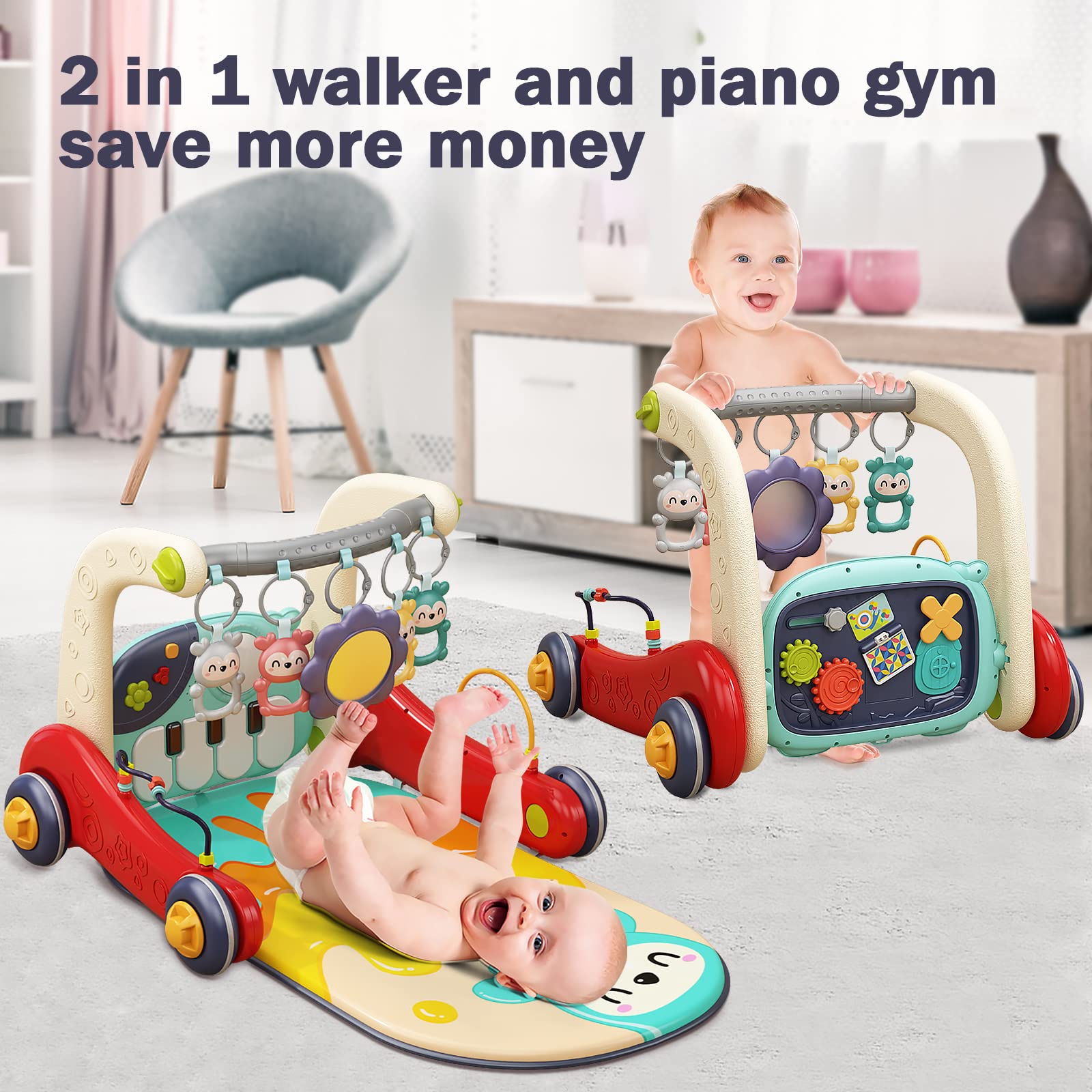 dearlomum 3 in 1 Baby Play Mat Baby Gym, Floor Activity Center and Infant Baby Walker, Play Piano Tummy Time,Boy & Girl Gifts for Newborn Baby Toddler 0 to 3 6 9 12 Months(Red)