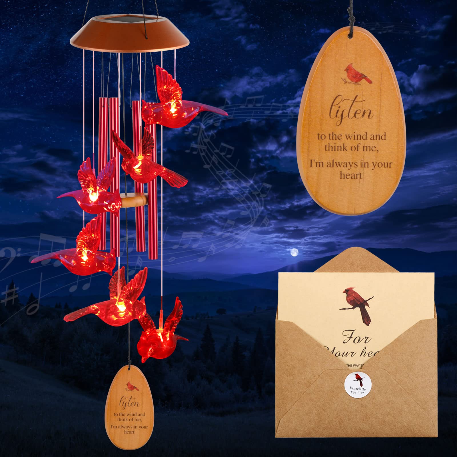 Cardinal Wind Chimes for Outside Solar Cardinal Gifts for Women Mom Grandma Father Memorial Gift Red Cardinal Wind Chimes for Loss of Loved One Sympathy Wind Chimes Garden Cardinal Bird Outdoor Decor