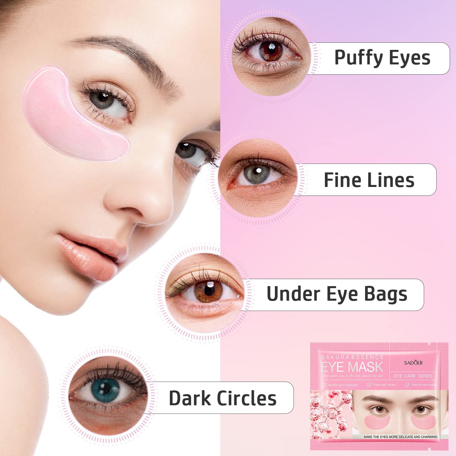 Adofect Eye Mask Collagen Eye Gel Pads Under Eye Mask for Puffiness and Dark Circle Under Eye Patches for Women and Men (Sakura pink)